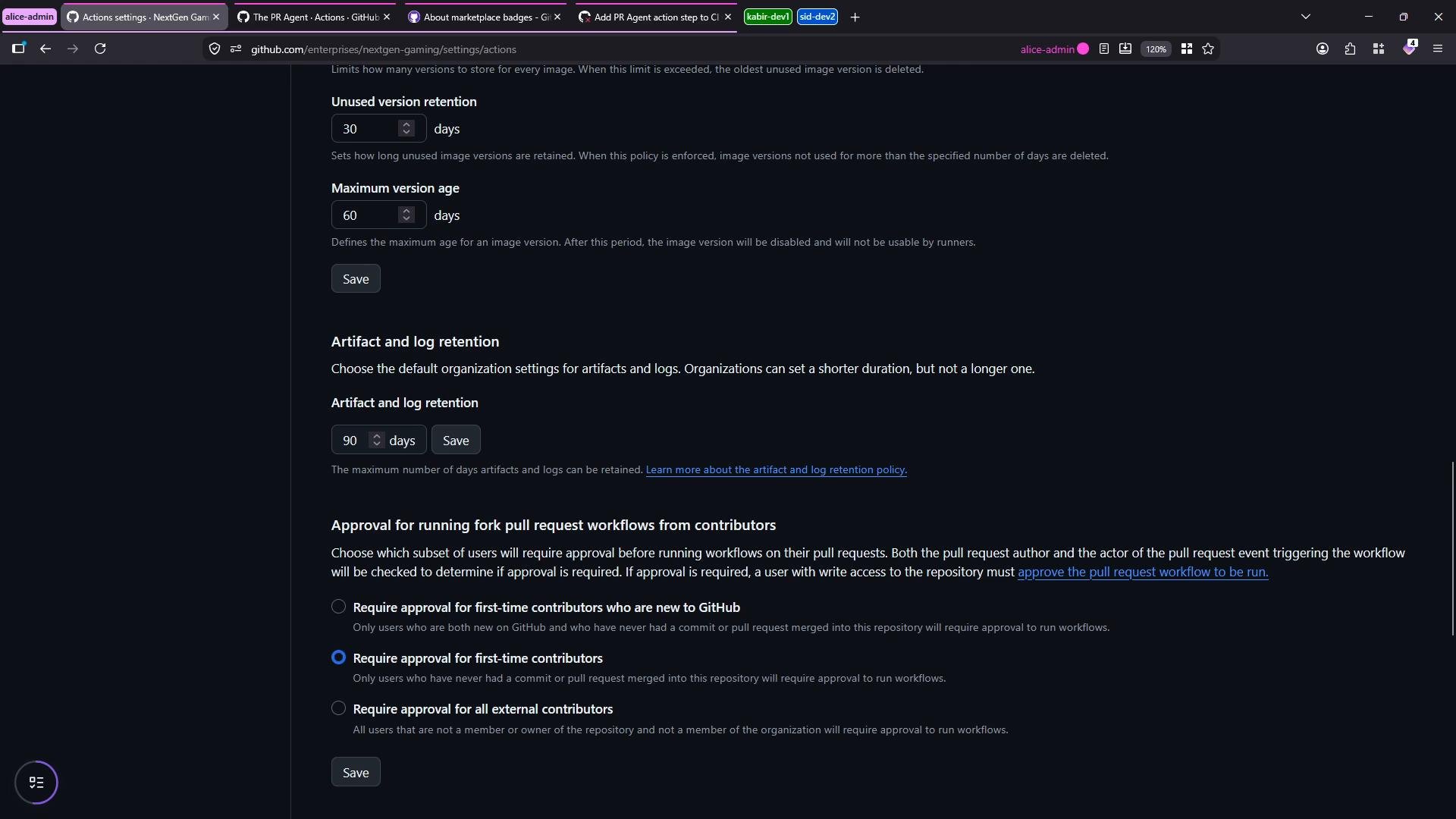 A screenshot of a GitHub Actions settings page in dark mode. It shows retention settings (unused image retention 30 days, maximum version age 60 days, artifact/log retention 90 days) and options for approval of fork/first-time contributor workflows.