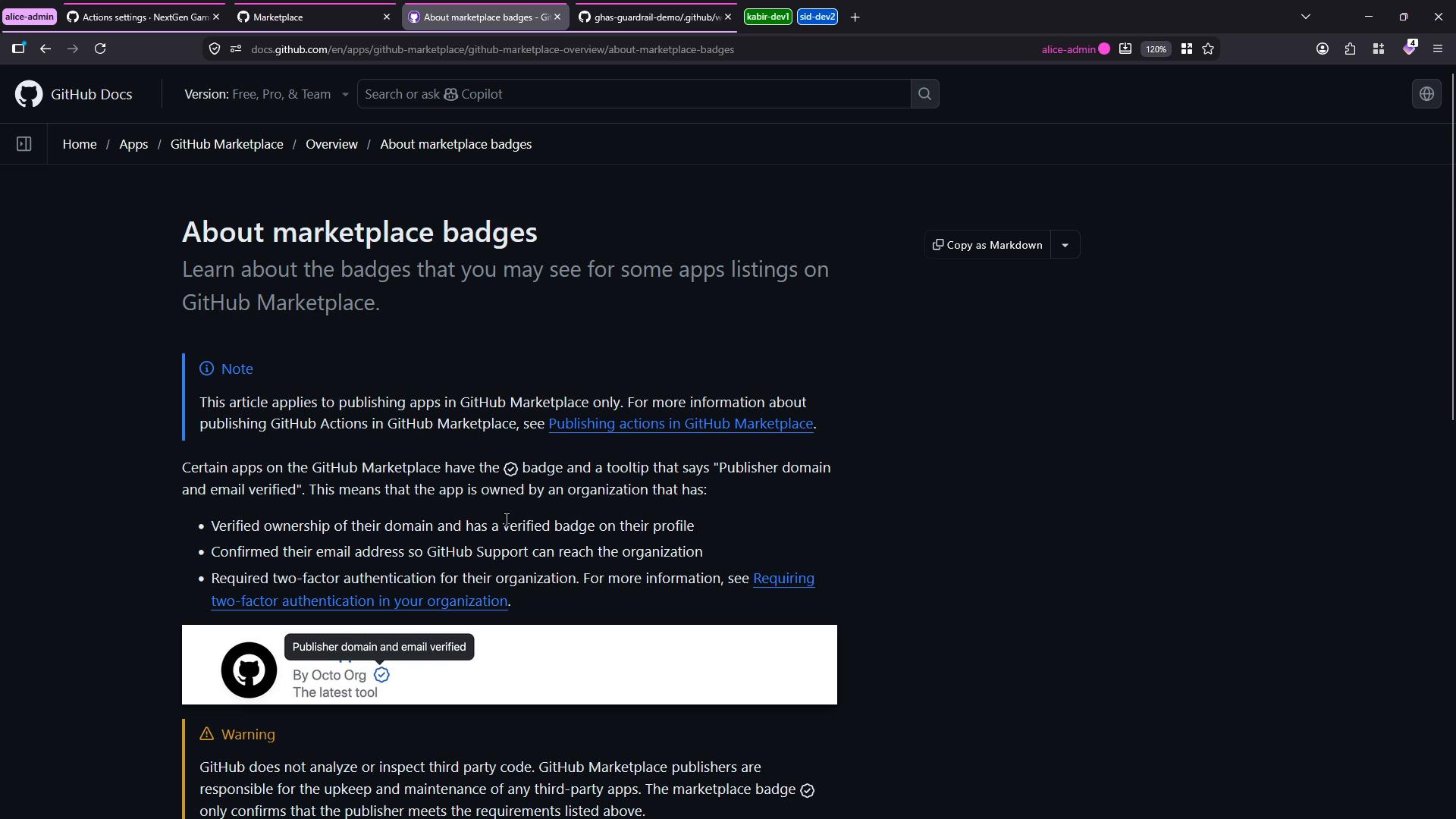 A dark-mode screenshot of a GitHub Docs page titled "About marketplace badges." The page explains publisher domain/email verification for GitHub Marketplace and shows a note, warning, and an example badge.