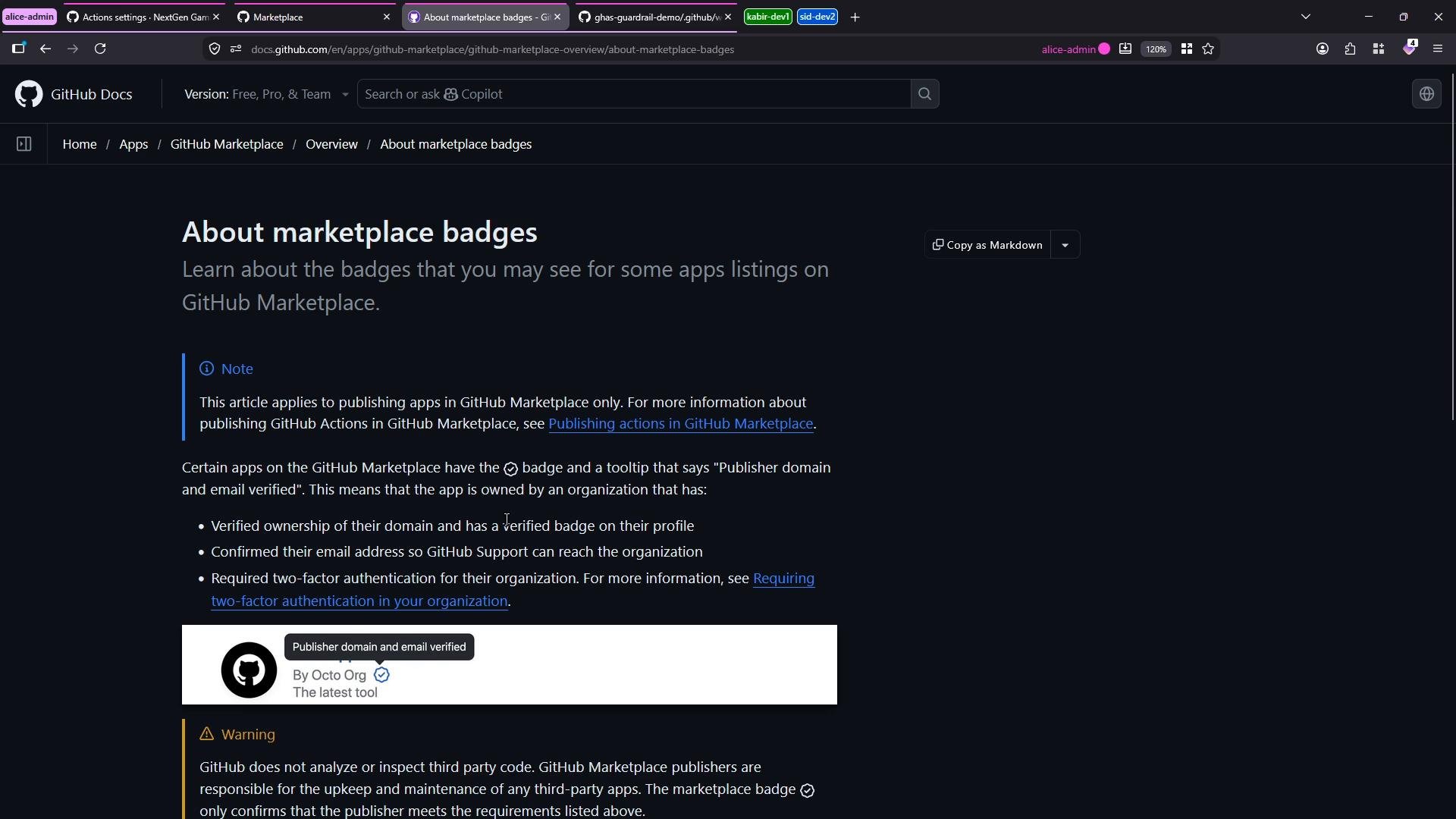 A dark-mode screenshot of a GitHub Docs page titled "About marketplace badges." The page explains publisher domain/email verification for GitHub Marketplace and shows a note, warning, and an example badge.