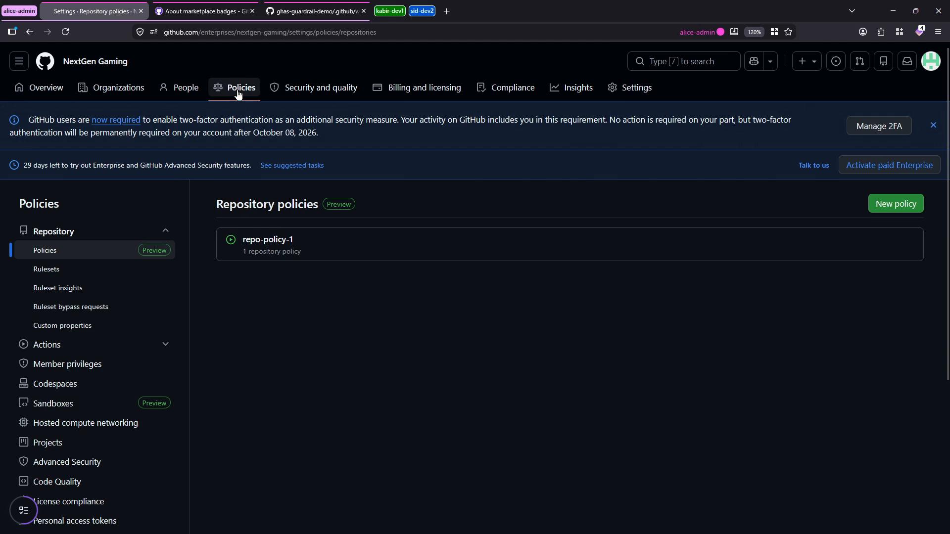 A GitHub Enterprise settings page for "NextGen Gaming" showing the Policies → Repository policies screen. It lists one repository policy named "repo-policy-1" with a left navigation menu of settings and a "New policy" button.