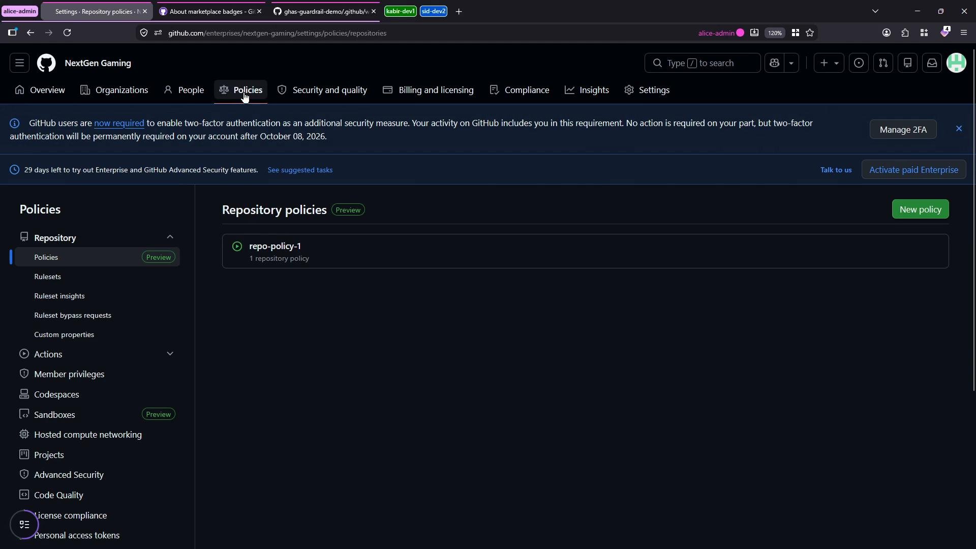 A GitHub Enterprise settings page for "NextGen Gaming" showing the Policies → Repository policies screen. It lists one repository policy named "repo-policy-1" with a left navigation menu of settings and a "New policy" button.