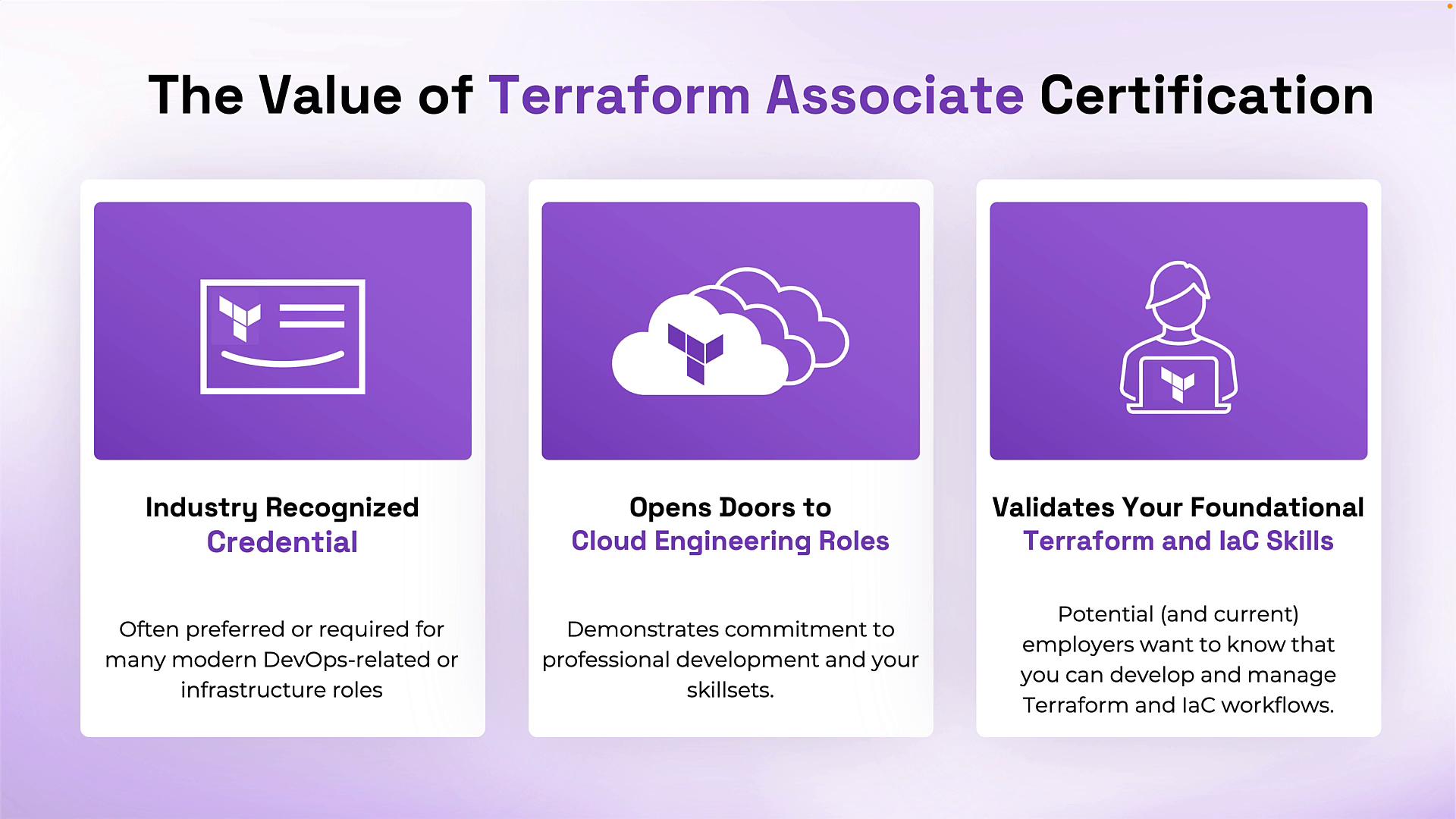 An infographic titled "The Value of Terraform Associate Certification" showing three purple panels that highlight benefits: industry-recognized credential, opening doors to cloud engineering roles, and validating foundational Terraform and IaC skills. Each panel includes a white icon (certificate, cloud, and a person with a laptop) and brief explanatory text.