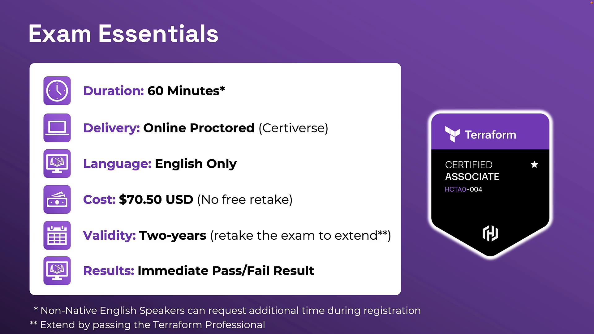 A purple infographic titled "Exam Essentials" listing Terraform certification exam details — duration 60 minutes, online proctored, English only, $70.50 cost, two-year validity, and immediate pass/fail results. A Terraform "Certified Associate" badge is shown on the right.