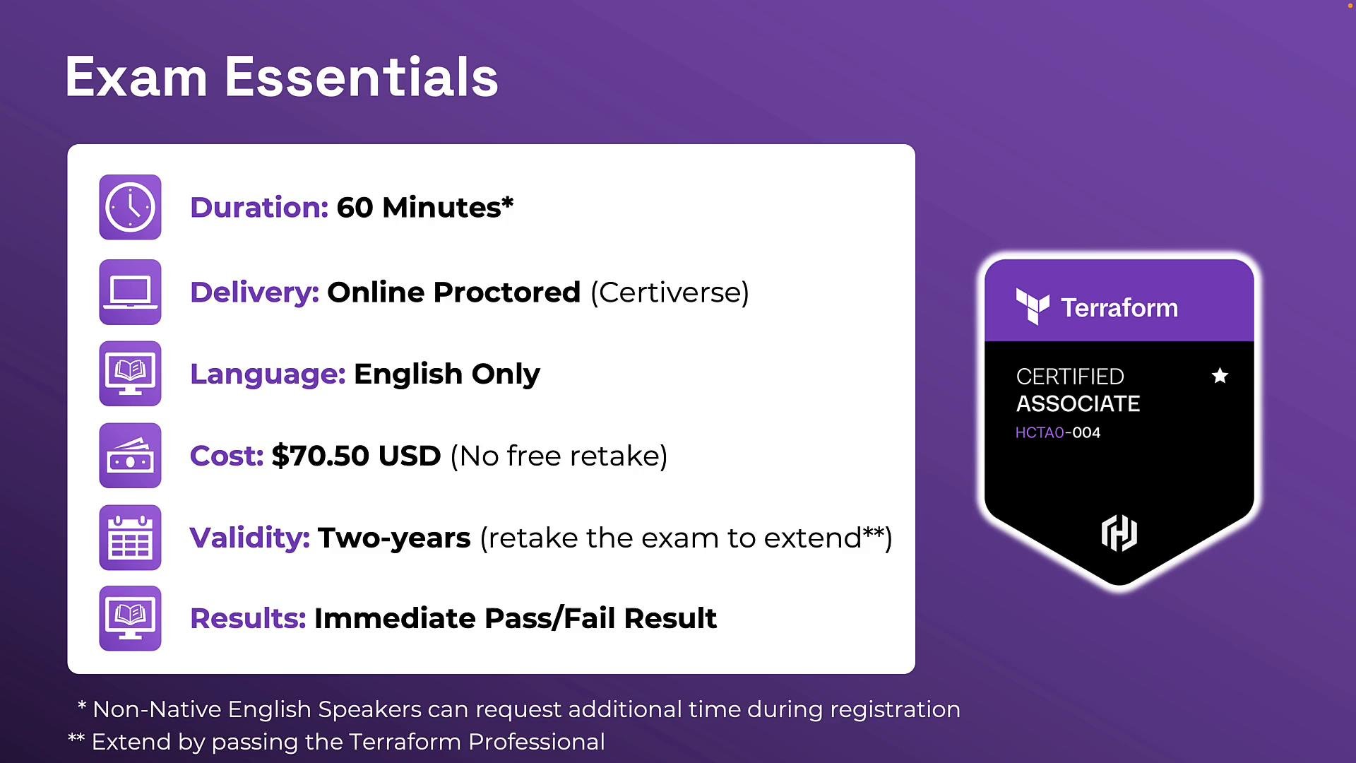A purple infographic titled "Exam Essentials" listing Terraform certification exam details — duration 60 minutes, online proctored, English only, $70.50 cost, two-year validity, and immediate pass/fail results. A Terraform "Certified Associate" badge is shown on the right.