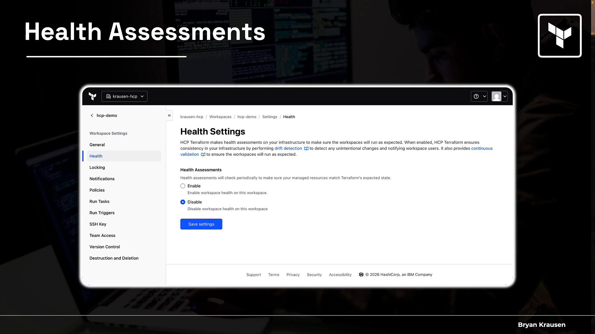 A screenshot of a web interface titled "Health Settings" showing options to enable or disable workspace health assessments with a "Save settings" button. The left sidebar displays workspace settings like General, Health, Locking, Notifications, and more.
