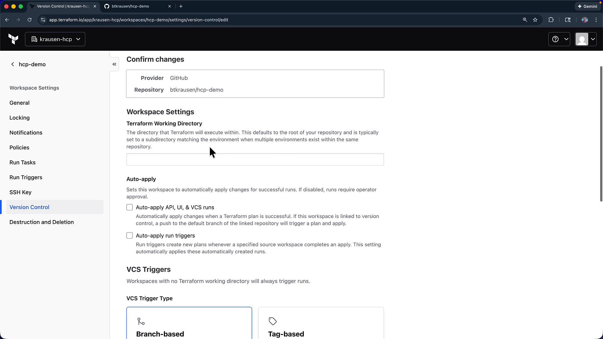 A screenshot of a Terraform Cloud workspace settings page (hcp-demo) showing Version Control linked to the GitHub repo btkrausen/hcp-demo. The page displays workspace settings like the Terraform working directory, auto-apply options, and VCS trigger types.
