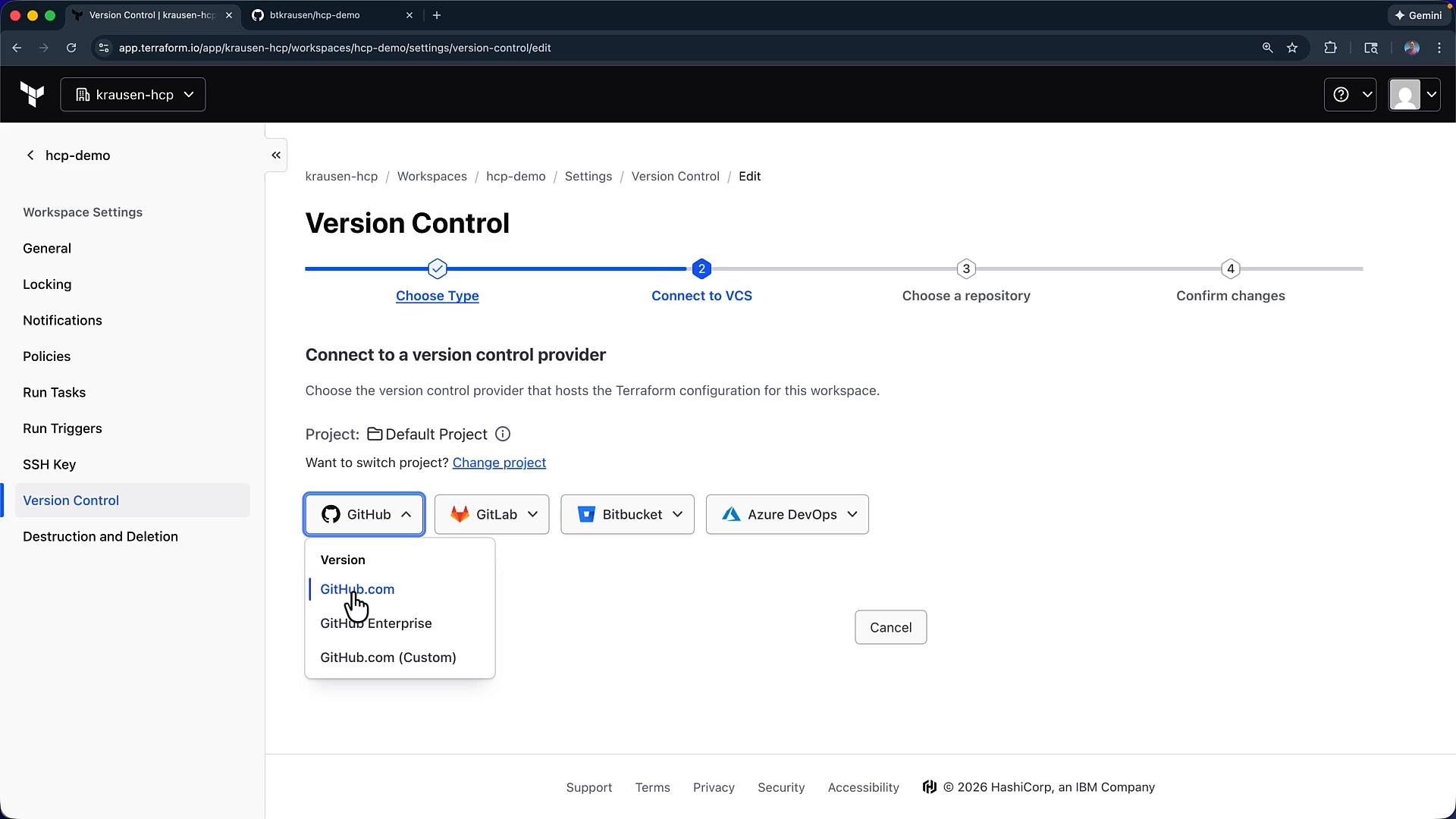 A screenshot of the Terraform Cloud "Version Control" settings page for a workspace, showing the multi-step flow to connect to a VCS. The UI shows a dropdown selecting GitHub with other provider options (GitLab, Bitbucket, Azure DevOps) and the workspace settings sidebar on the left.