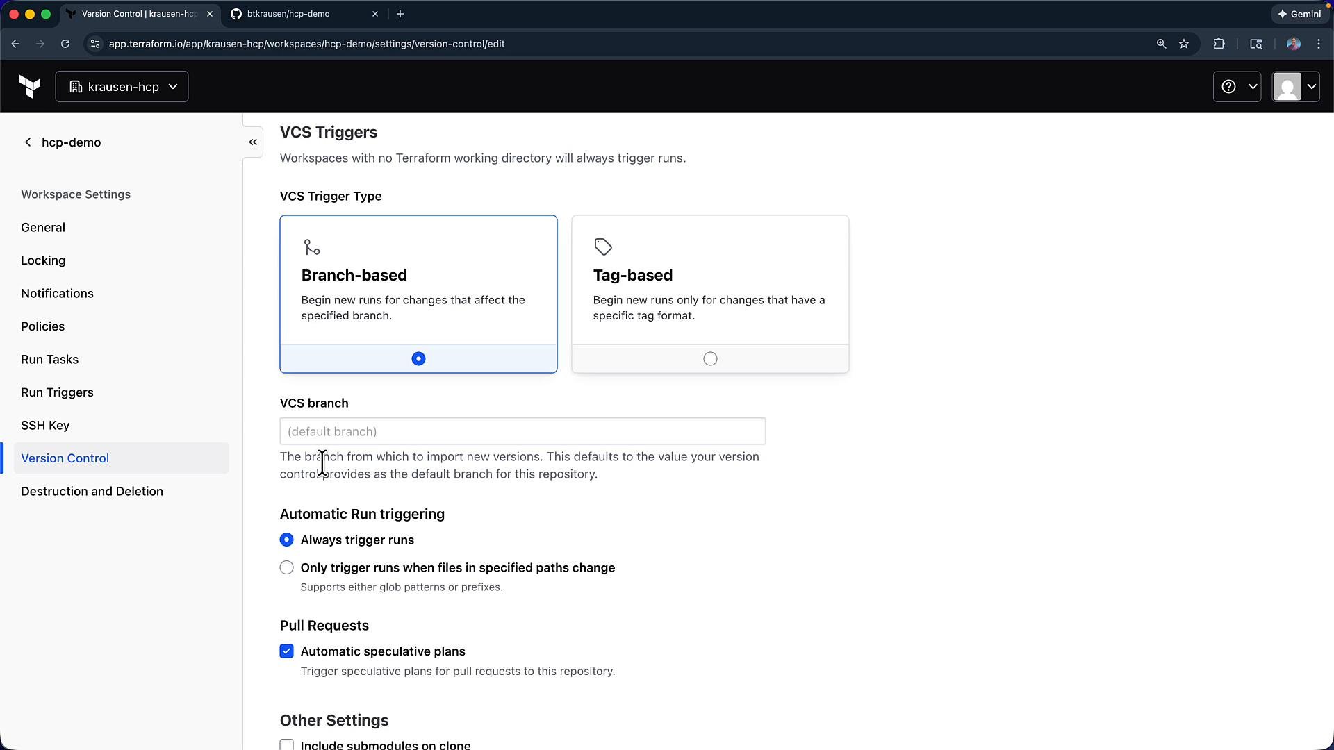 A screenshot of the Terraform Cloud workspace "Version Control" settings showing VCS Triggers, with the "Branch-based" option selected and fields for VCS branch, automatic run triggering, and pull request settings. The left sidebar lists workspace settings like General, Locking, Notifications, and Version Control.