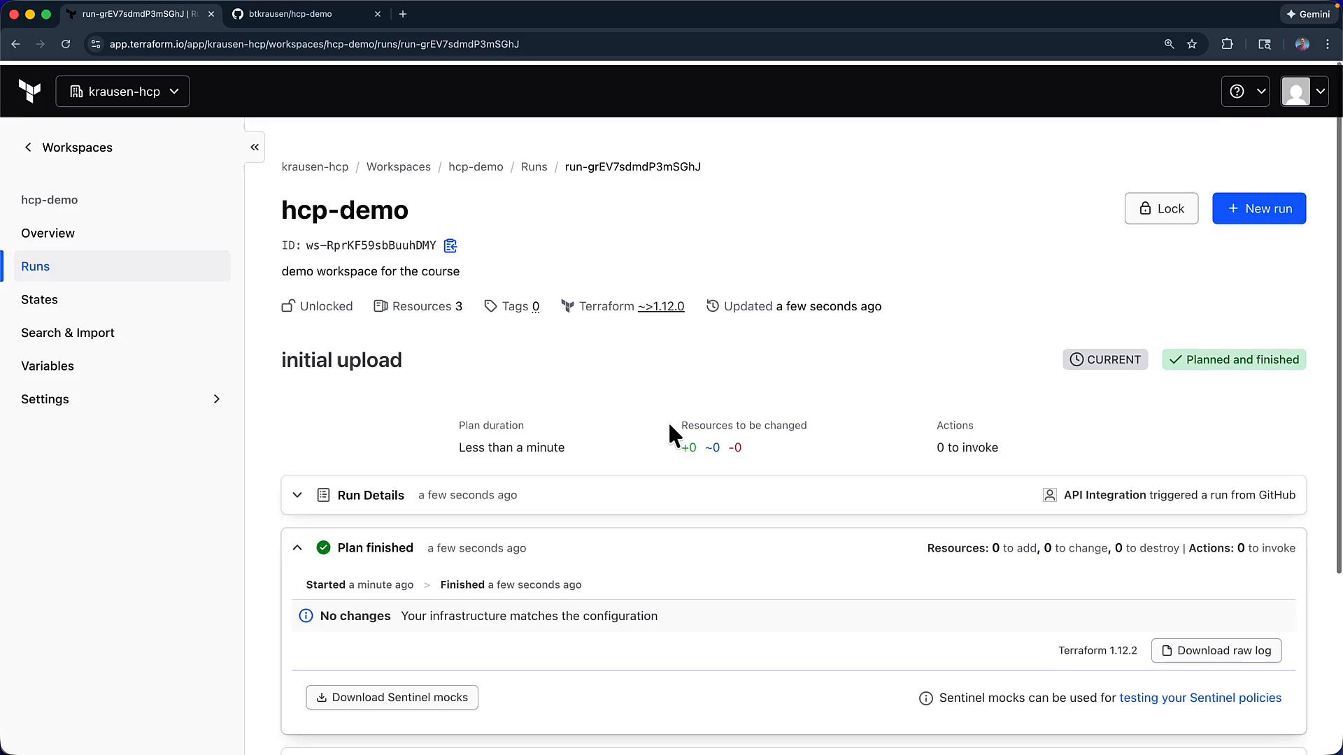 A screenshot of the Terraform Cloud workspace page for a workspace named "hcp-demo." It shows a run labeled "initial upload" that is “Planned and finished” with a plan result of “No changes.”