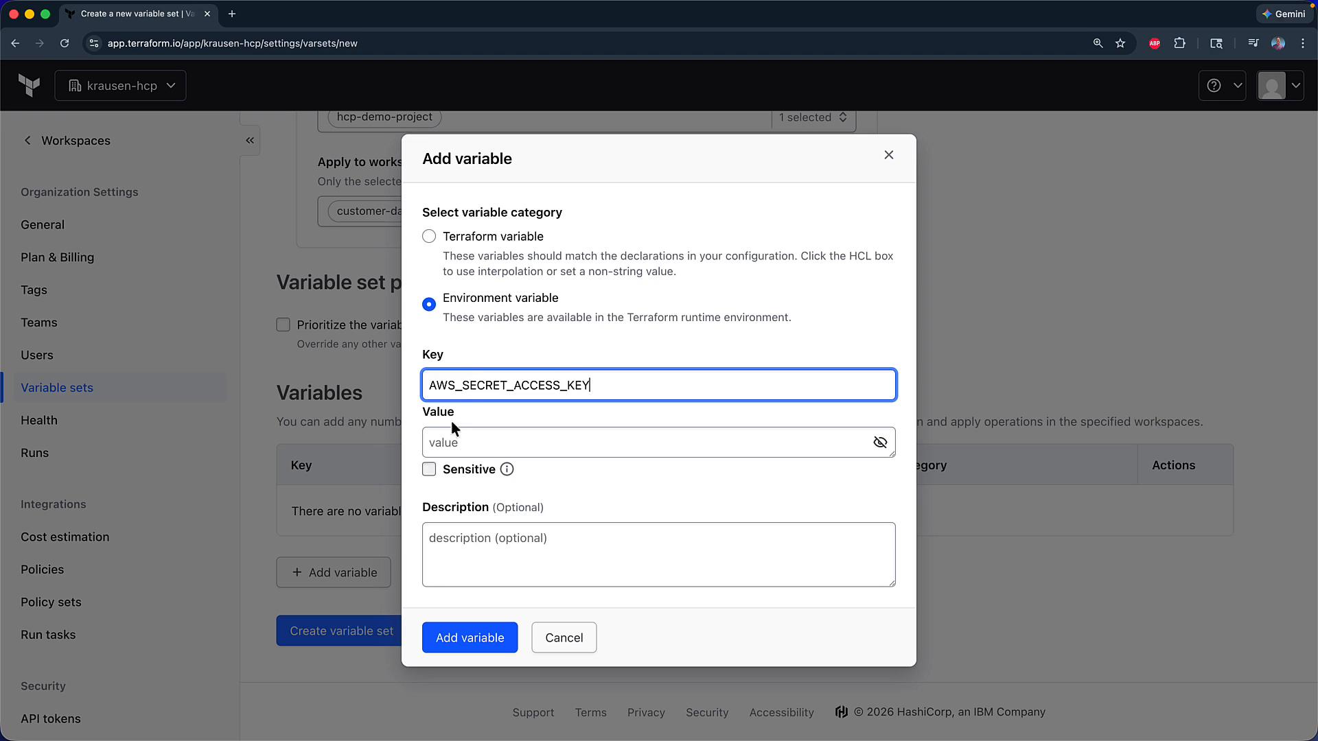 A screenshot of a Terraform Cloud web UI showing an "Add variable" dialog with "Environment variable" selected and the Key field filled with "AWS_SECRET_ACCESS_KEY". The Value field is empty and options for marking the variable as sensitive and adding a description are visible.