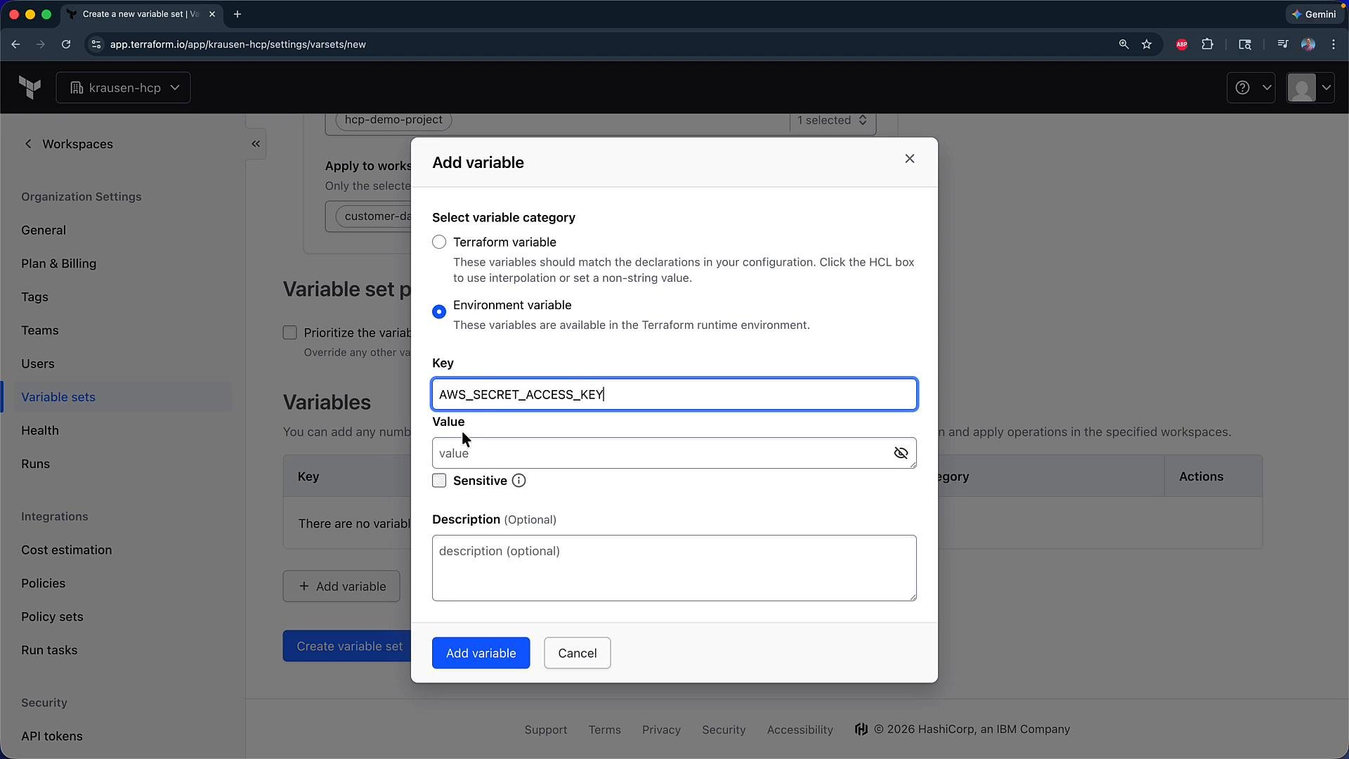A screenshot of a Terraform Cloud web UI showing an "Add variable" dialog with "Environment variable" selected and the Key field filled with "AWS_SECRET_ACCESS_KEY". The Value field is empty and options for marking the variable as sensitive and adding a description are visible.