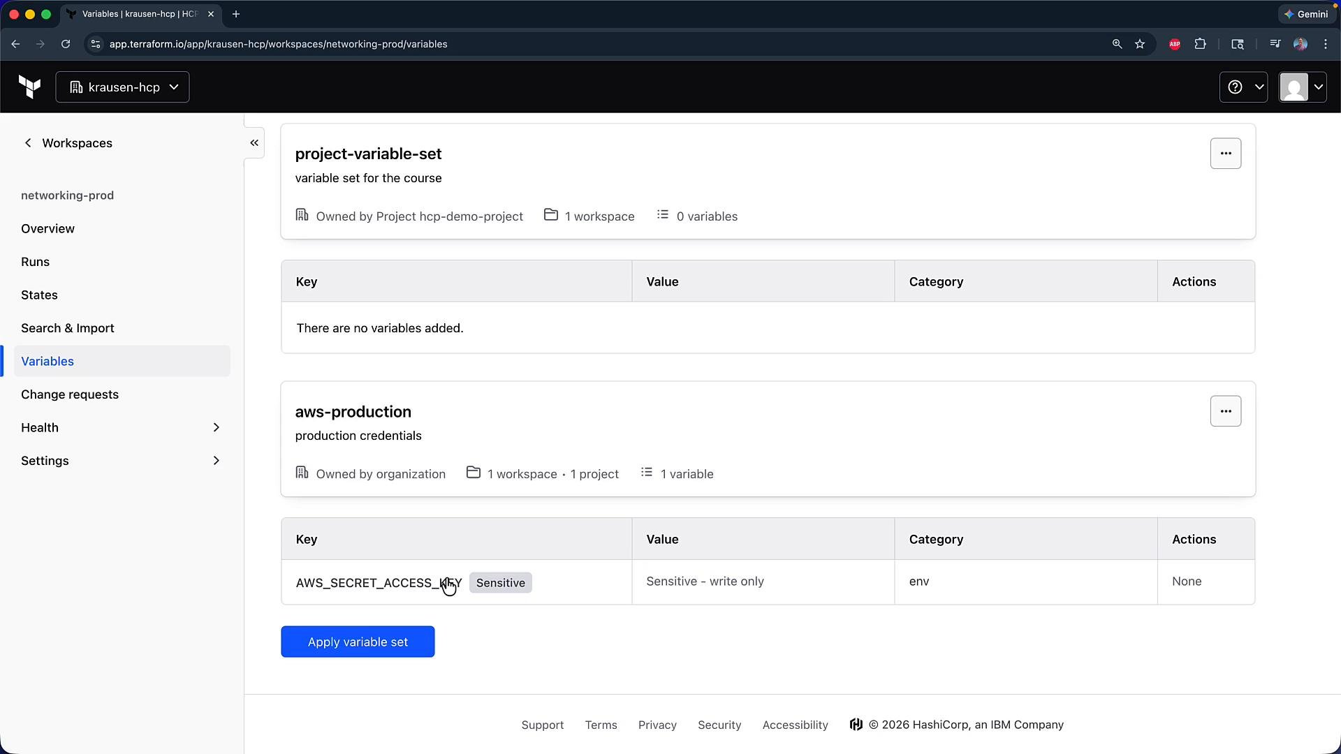 Screenshot of the Terraform Cloud workspace "networking-prod" Variables page showing a "project-variable-set" (no variables) and an "aws-production" variable set containing a sensitive AWS_SECRET_ACCESS_KEY entry. The left sidebar shows workspace navigation (Overview, Runs, States, Variables) and an "Apply variable set" button is visible.