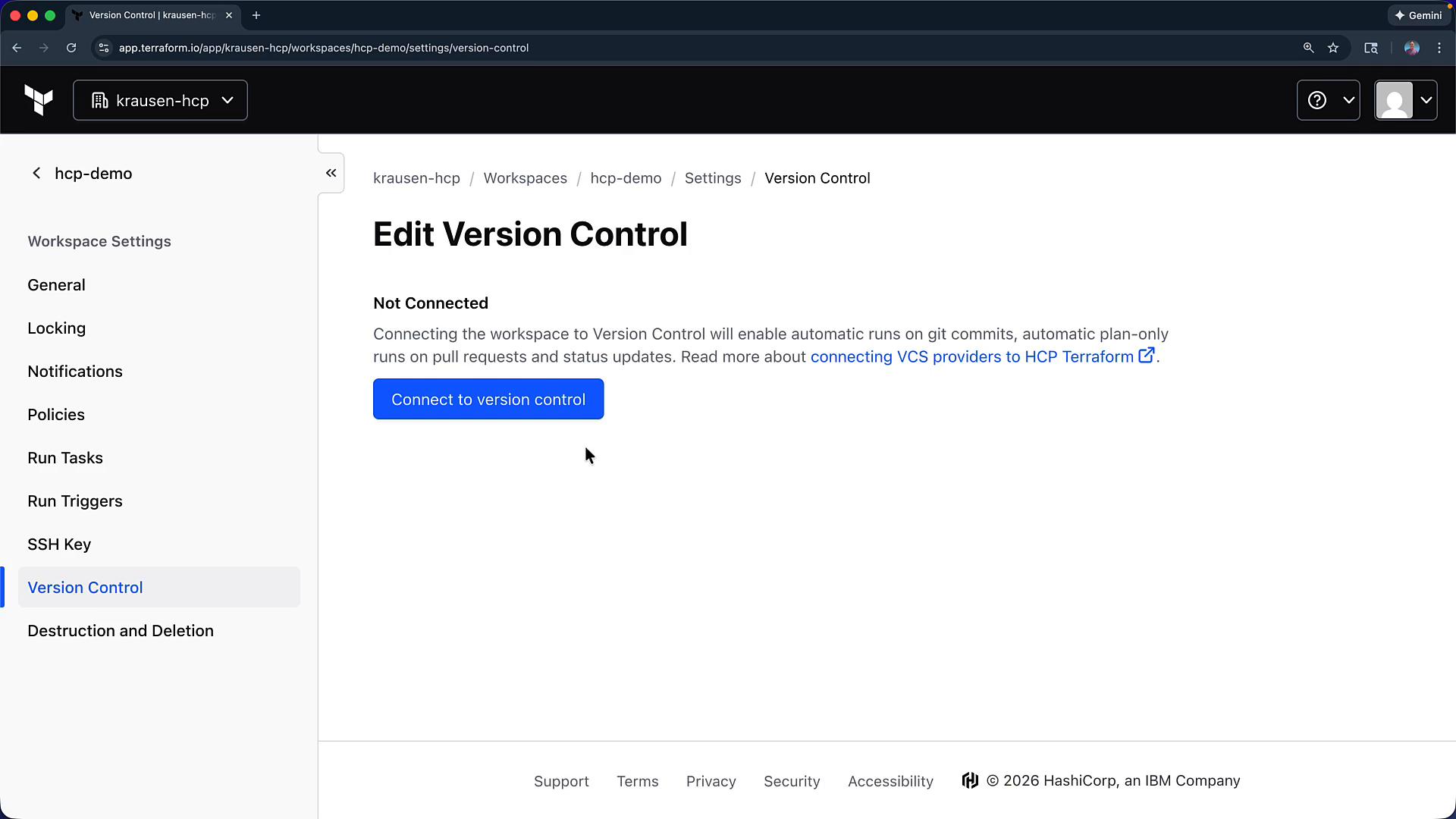 A screenshot of the Terraform HCP workspace "Edit Version Control" settings page showing the workspace is "Not Connected" and a blue "Connect to version control" button. The left sidebar lists workspace settings like General, Locking, Notifications, and Version Control.