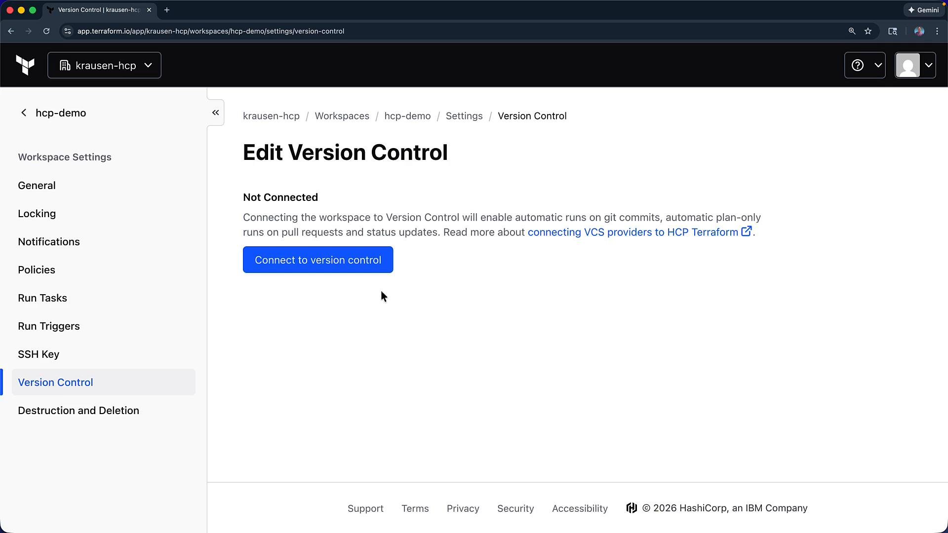 A screenshot of the Terraform HCP workspace "Edit Version Control" settings page showing the workspace is "Not Connected" and a blue "Connect to version control" button. The left sidebar lists workspace settings like General, Locking, Notifications, and Version Control.