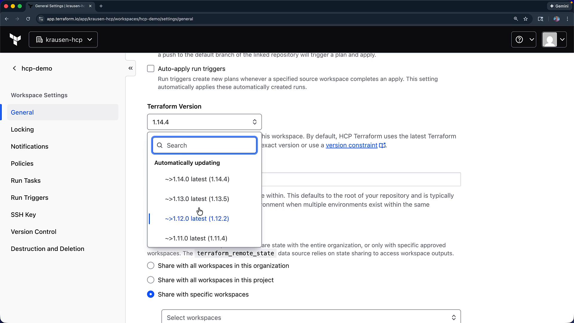 A screenshot of a Terraform Cloud workspace settings page, showing the "Terraform Version" dropdown open with selectable versions and a search field. The left sidebar lists workspace settings like General, Locking, and Notifications while sharing options appear below the dropdown.