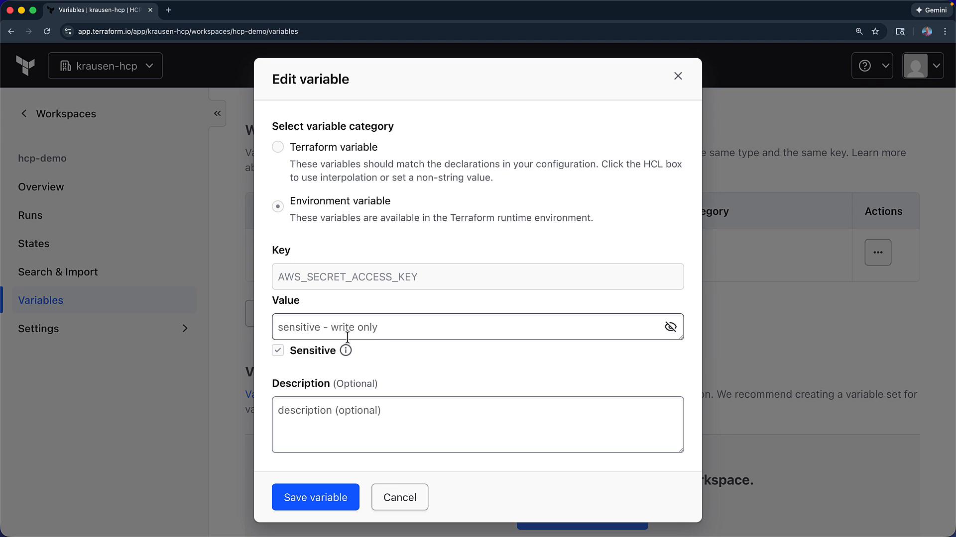 A screenshot of Terraform Cloud's "Edit variable" modal showing an environment variable with the key AWS_SECRET_ACCESS_KEY. The value field is marked "sensitive — write only" (Sensitive checkbox checked) and there are Save/Cancel buttons.