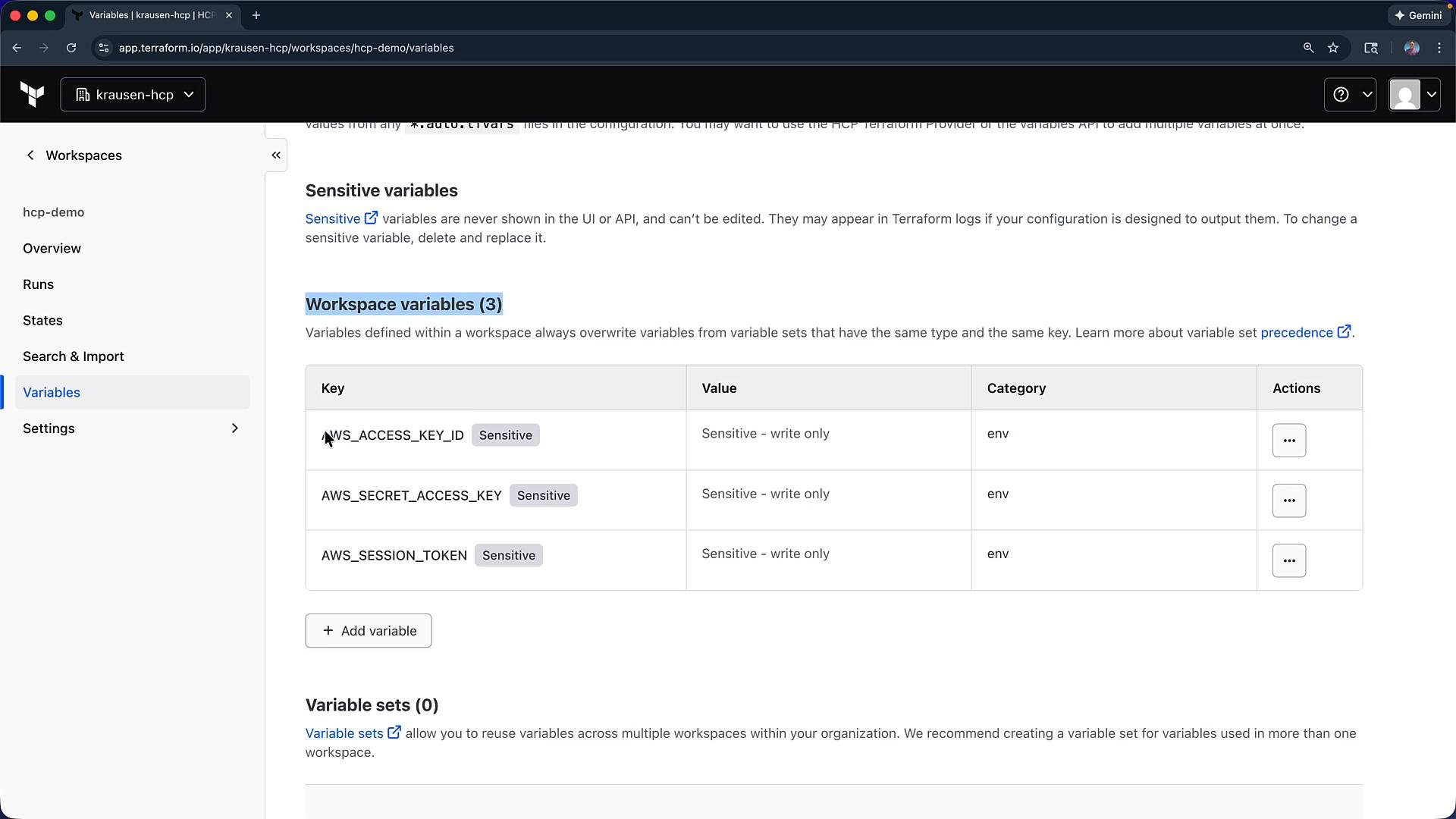 A screenshot of a Terraform Cloud workspace "Variables" page. It shows three sensitive workspace variables — AWS_ACCESS_KEY_ID, AWS_SECRET_ACCESS_KEY, and AWS_SESSION_TOKEN — marked as write-only and categorized as env.