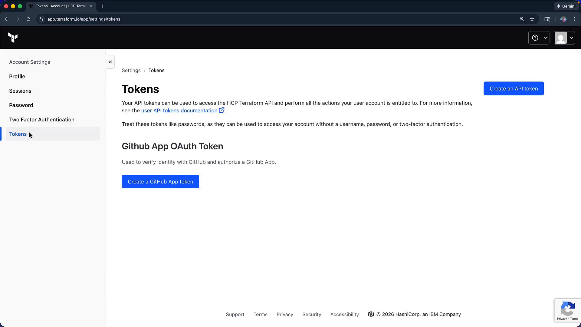 A screenshot of the HCP Terraform account settings page open to "Tokens," showing explanatory text and buttons to create an API token or a GitHub App OAuth token. A left sidebar lists other account settings like Profile, Sessions, Password, and Two-Factor Authentication.