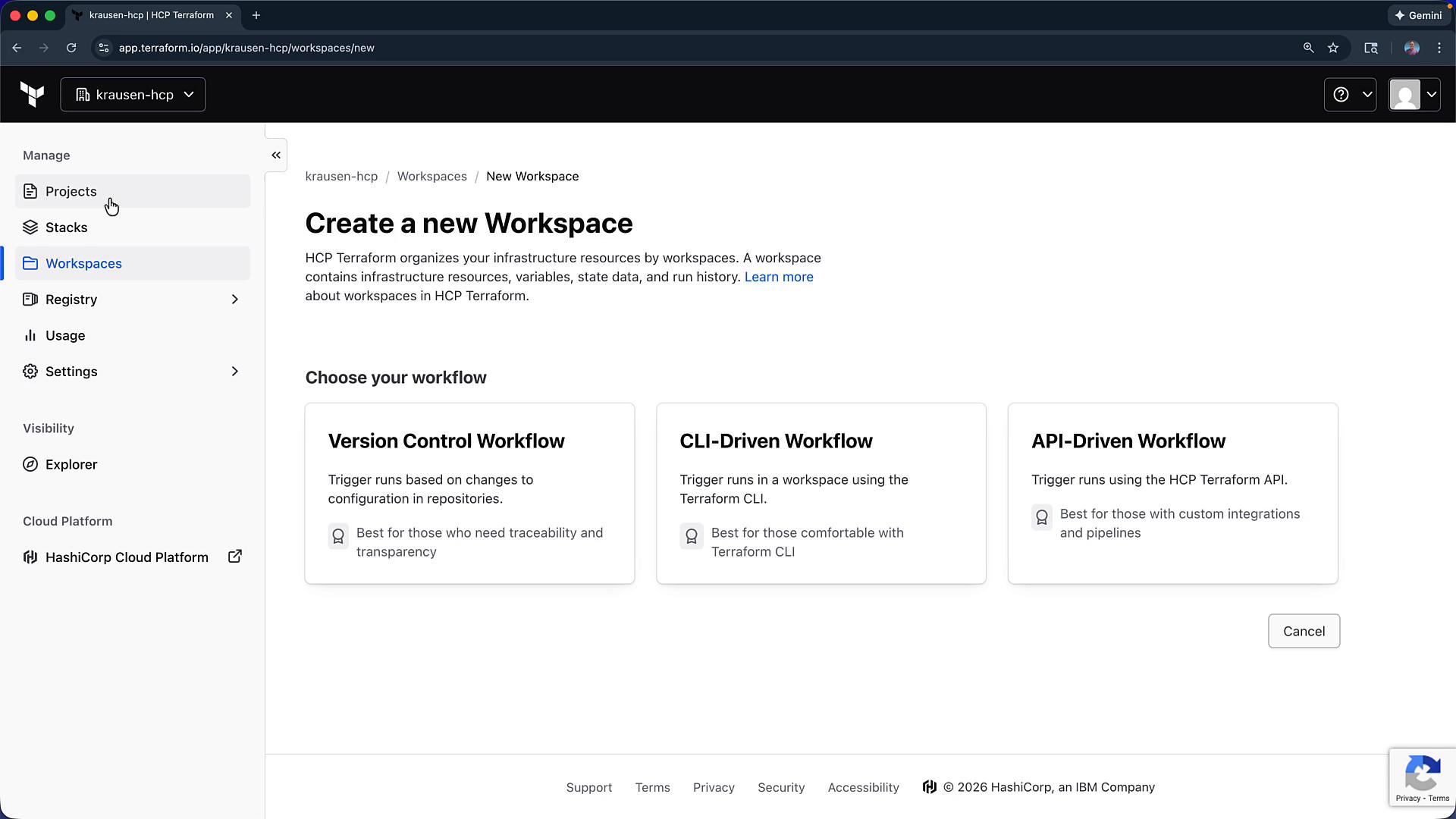 A browser screenshot of the HCP Terraform "Create a new Workspace" page showing workflow choices (Version Control, CLI-Driven, API-Driven) and a left navigation sidebar with Projects, Stacks, Workspaces, Registry, and Settings. The page explains workspace organization and lets you choose a workflow.