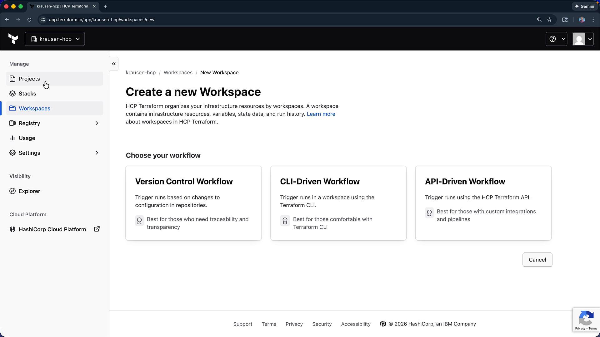 A browser screenshot of the HCP Terraform "Create a new Workspace" page showing workflow choices (Version Control, CLI-Driven, API-Driven) and a left navigation sidebar with Projects, Stacks, Workspaces, Registry, and Settings. The page explains workspace organization and lets you choose a workflow.