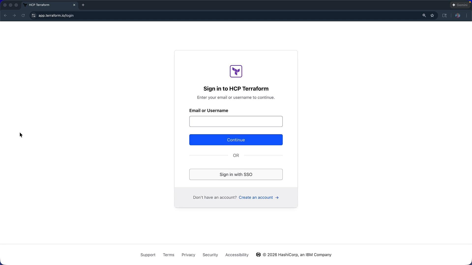 A screenshot of the HCP Terraform sign-in page with a central login box asking for email or username, a blue "Continue" button, and an option to "Sign in with SSO" or create an account. The page is shown inside a browser window with the app.terraform.io URL.