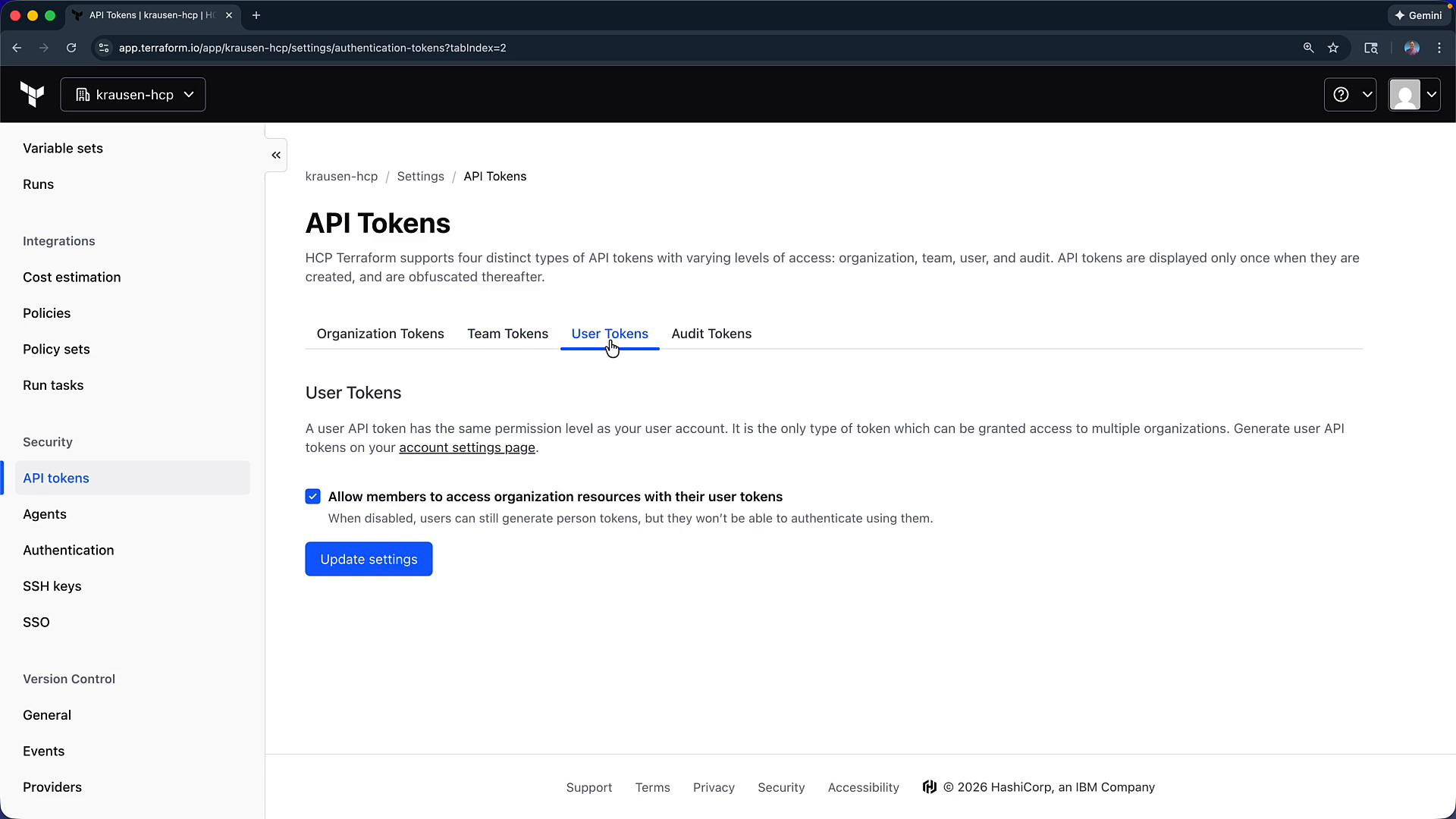 A screenshot of the Terraform web UI showing the "API Tokens" settings page with tabs for Organization, Team, User, and Audit tokens. The "User Tokens" section is selected, showing a checkbox to allow members to access organization resources and an "Update settings" button.