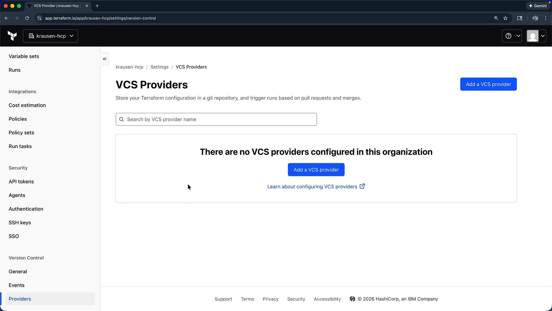 A screenshot of the Terraform Cloud "VCS Providers" settings page showing no version control providers configured, with a prominent "Add a VCS provider" button. The left sidebar lists other settings like Integrations, Security, and Version Control.