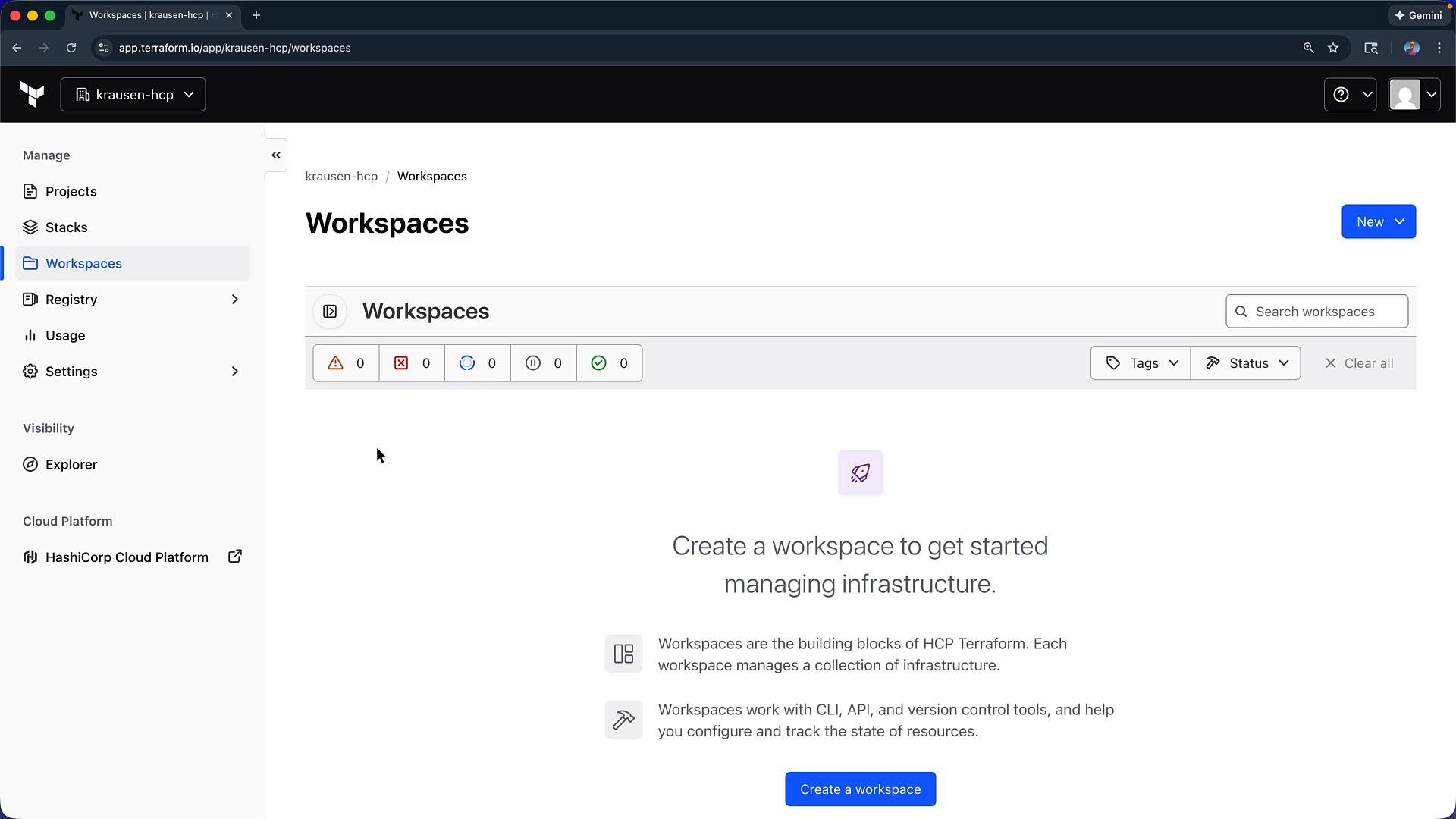 A screenshot of the HashiCorp Terraform Cloud web UI on the "Workspaces" page, showing no existing workspaces and a prominent "Create a workspace" prompt and button. The left sidebar navigation lists items like Projects, Stacks, Workspaces, Registry, Usage, and Settings.
