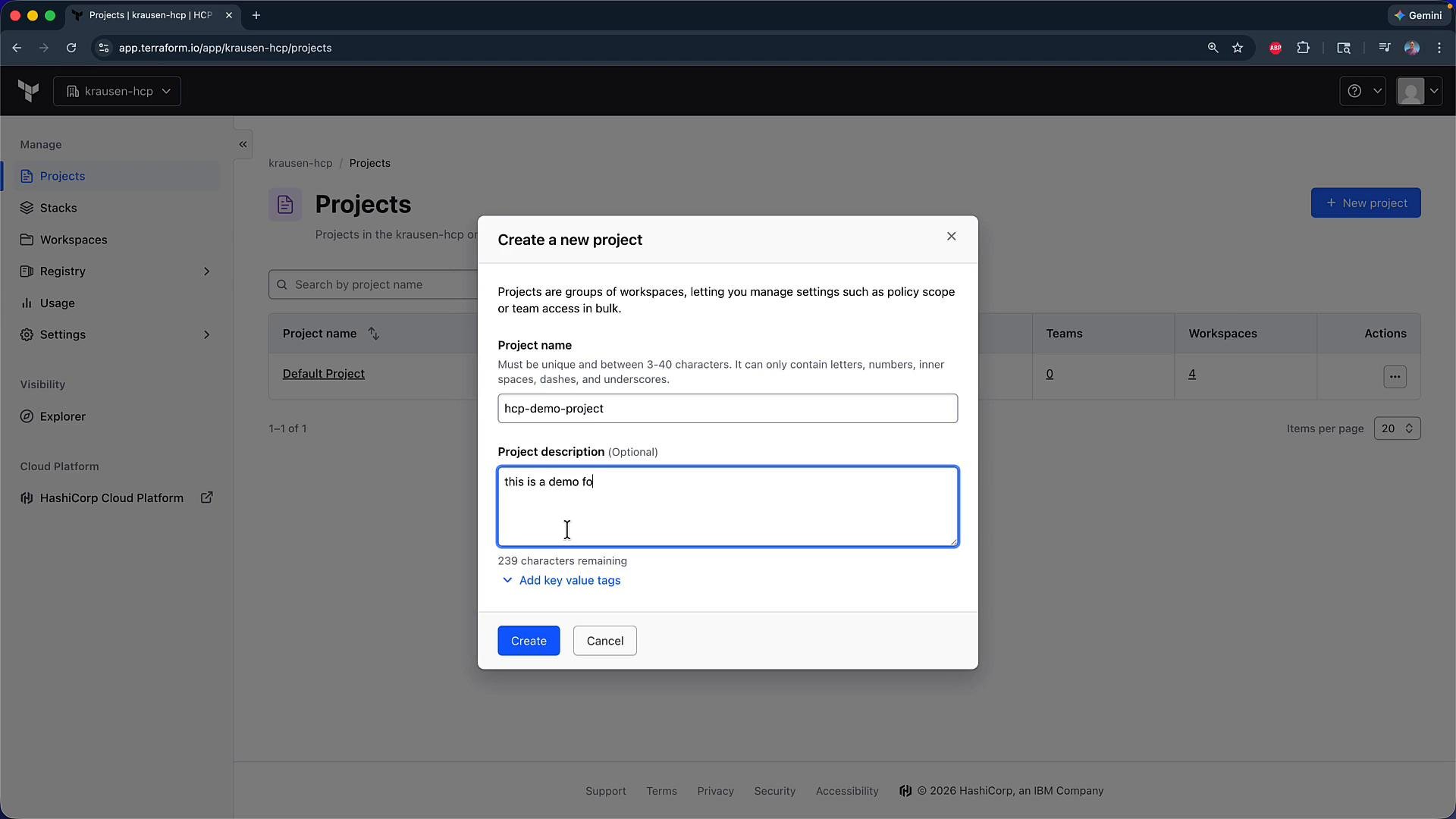 A screenshot of the Terraform Cloud web UI with a "Create a new project" modal open showing the project name "hcp-demo-project" and a description being typed. The background displays the Projects page and left-side navigation (Stacks, Workspaces, Registry, Usage, Settings).