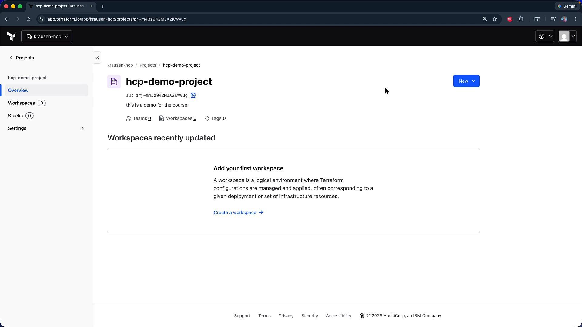 A screenshot of the Terraform Cloud web UI showing a project page titled "hcp-demo-project" with no workspaces and a prompt to "Add your first workspace." The left sidebar lists Overview, Workspaces, Stacks, and Settings, and there's a blue "New" button on the page.
