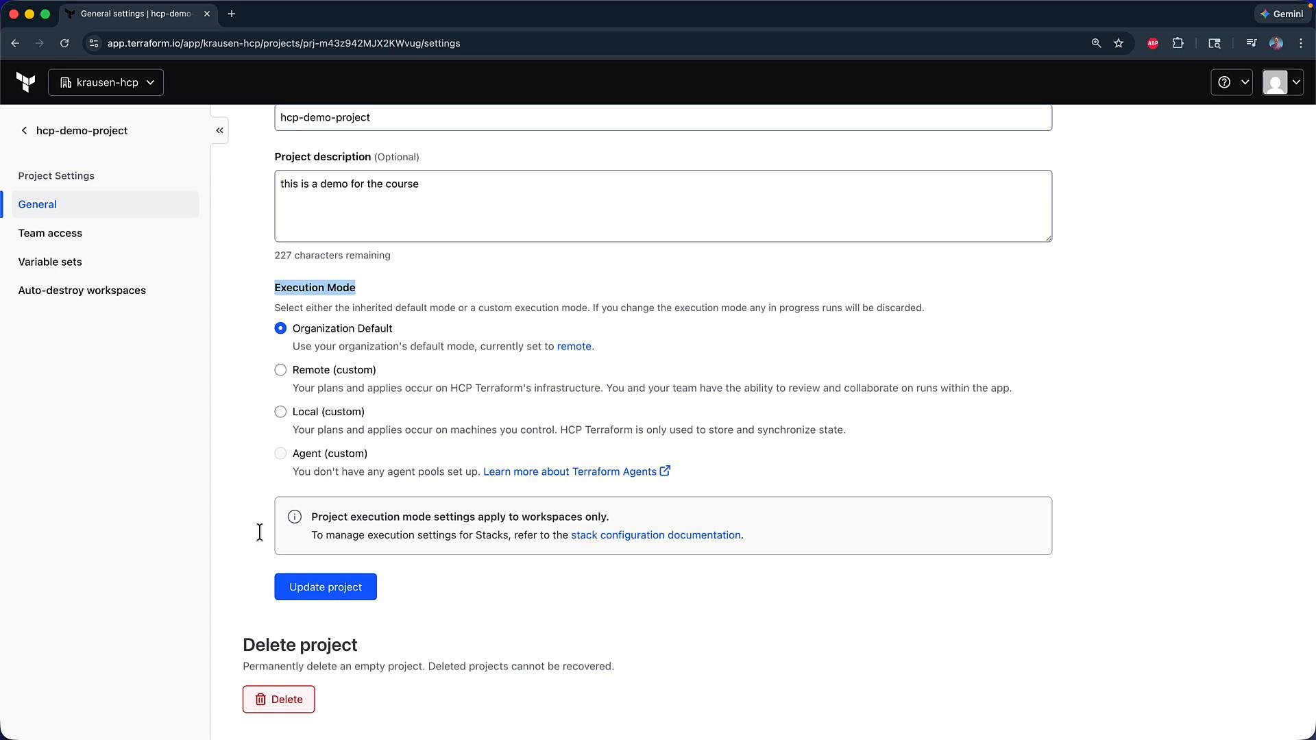 A browser screenshot of the Terraform Cloud project settings page for "hcp-demo-project," showing the Project description field, Execution Mode options (Organization Default, Remote, Local, Agent), and buttons to update or delete the project.
