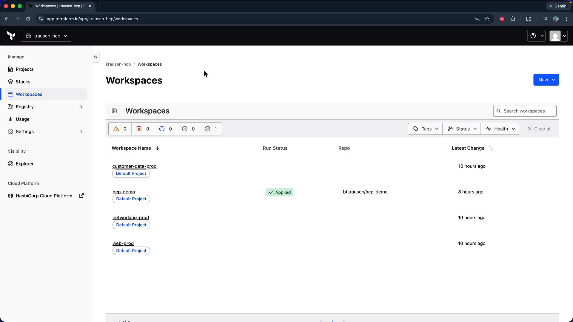 A screenshot of the Terraform Cloud web UI showing the "Workspaces" page with a list of workspaces (e.g., customer-data-prod, hcp-demo, networking-prod, web-prod), their run status (one marked Applied) and recent change timestamps. The left sidebar shows navigation items like Projects, Stacks, Registry, and Settings.