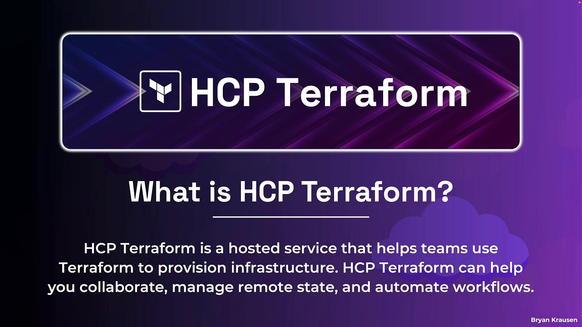 A purple-themed header image showing the Terraform logo and the title "HCP Terraform." Below it is the question "What is HCP Terraform?" with introductory text explaining it’s a hosted service to help teams provision and manage infrastructure.
