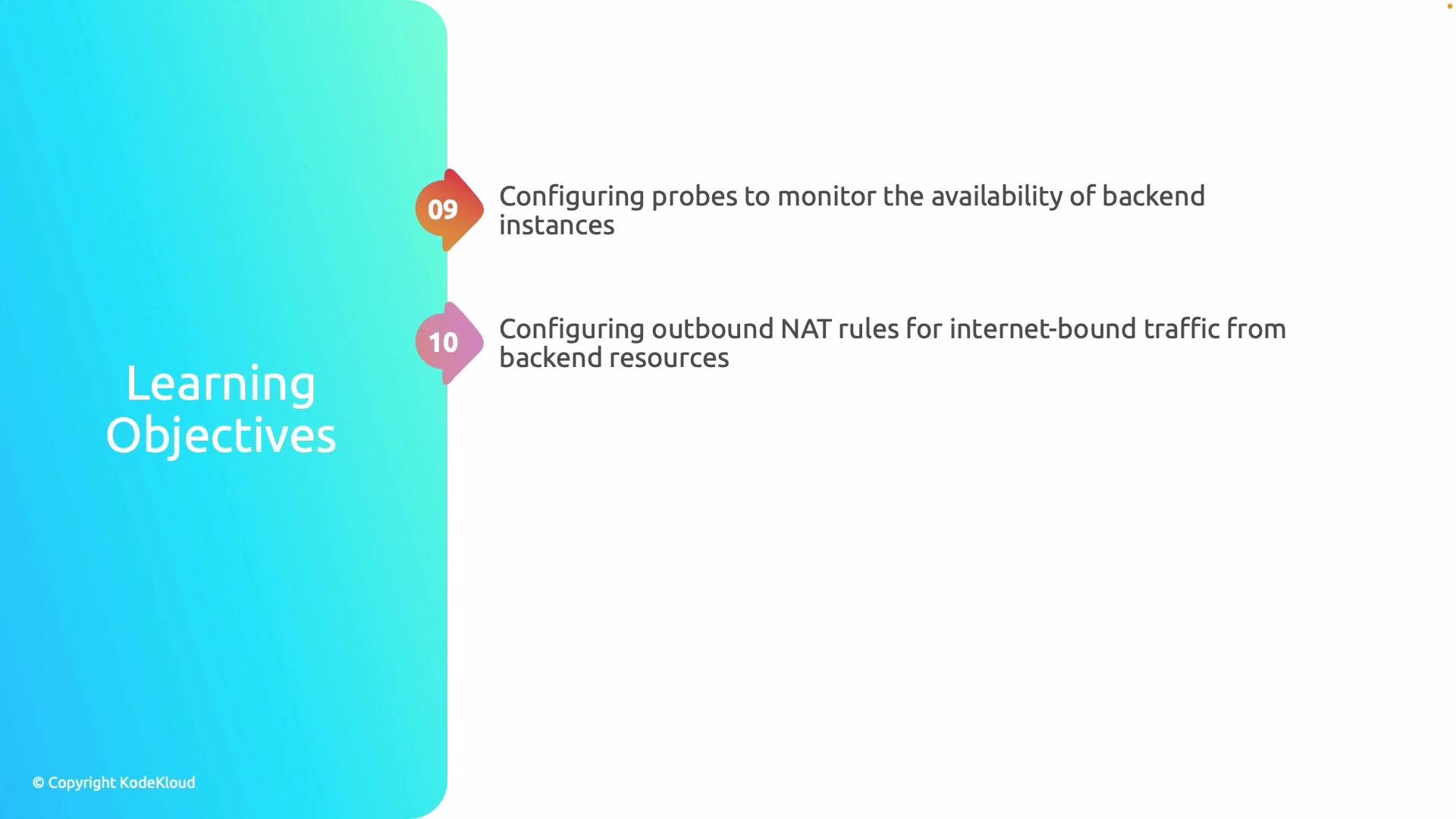 The image lists two learning objectives: configuring probes to monitor backend instances and configuring outbound NAT rules for backend traffic.