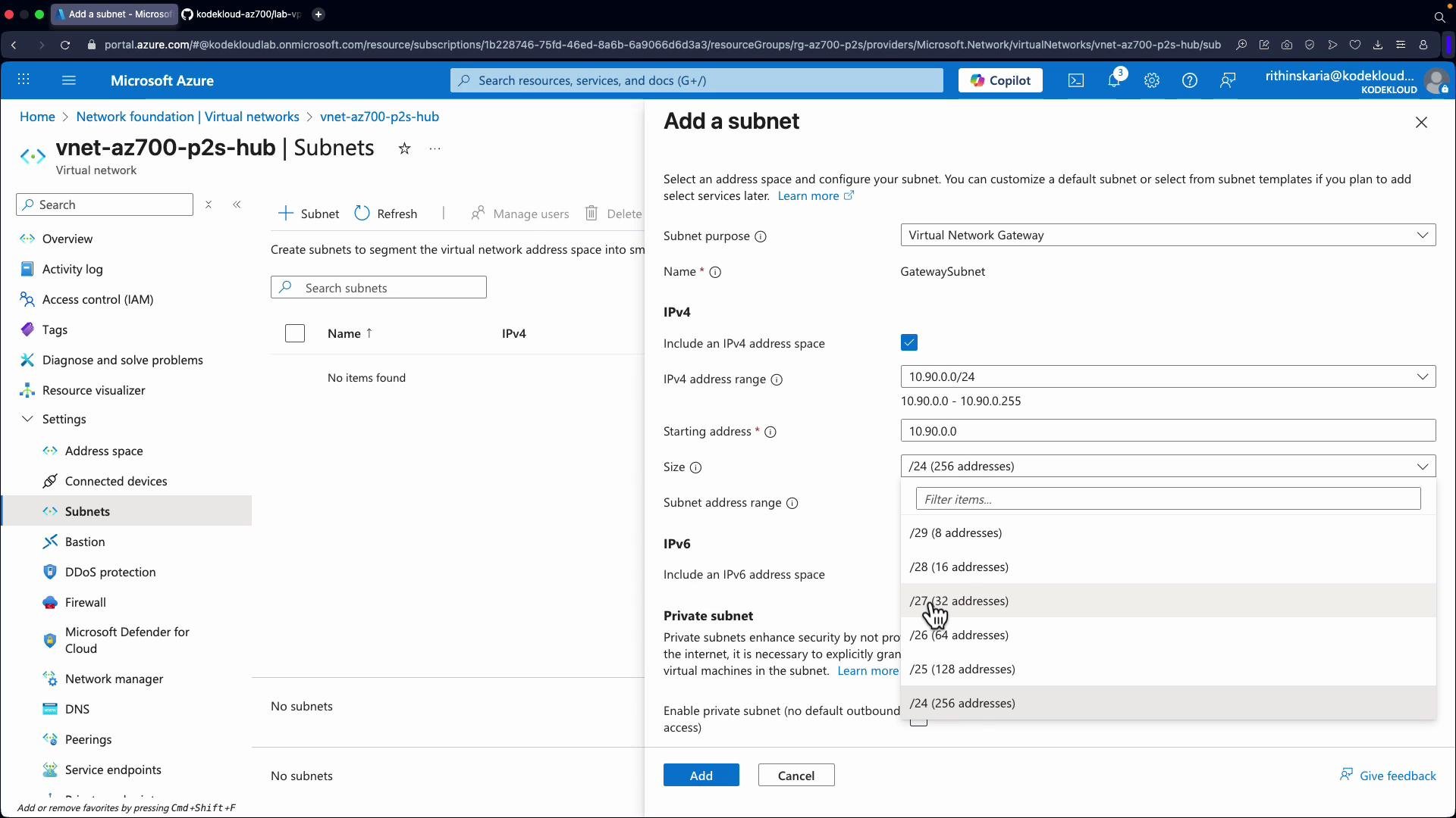 The image shows a Microsoft Azure portal interface where a user is adding a new subnet to a virtual network. Various configuration options are displayed, including IP address spaces for both IPv4 and IPv6.