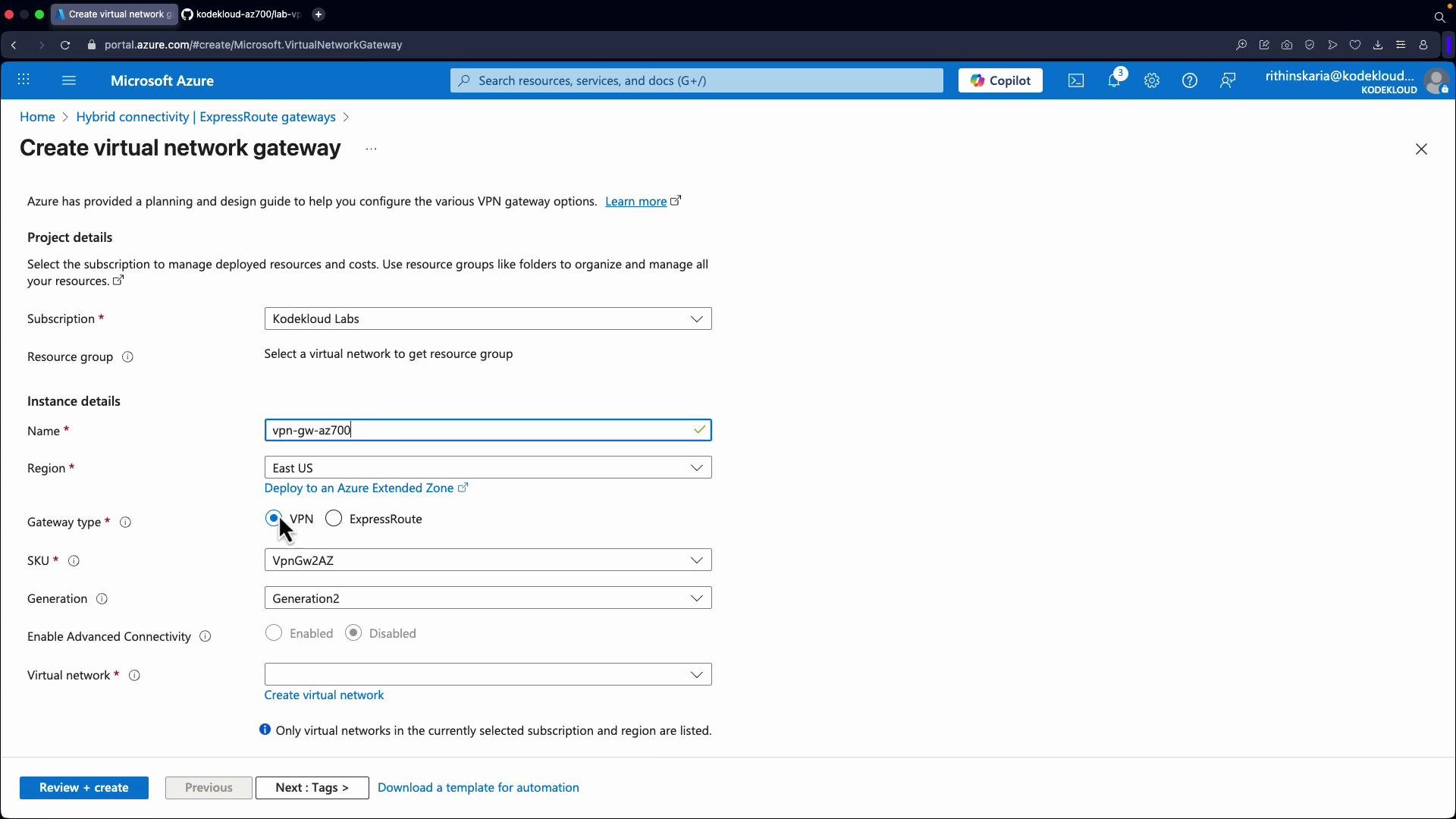 The image shows a Microsoft Azure portal interface where a user is configuring settings to create a virtual network gateway.