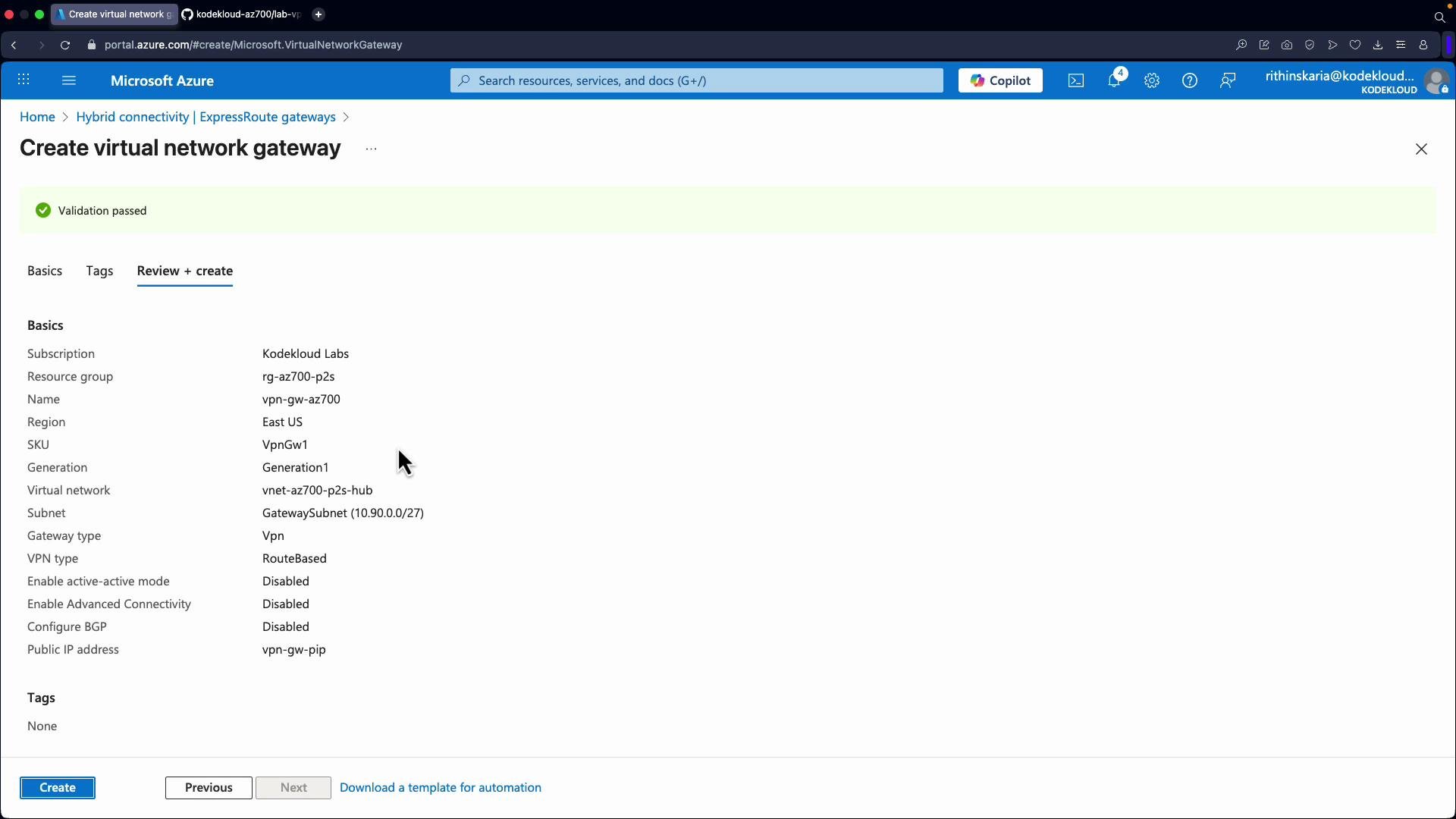 The image shows the "Create virtual network gateway" page on Microsoft Azure, displaying configuration details for a VPN gateway. The validation has passed, and options for basic settings like subscription, region, and gateway type are listed.