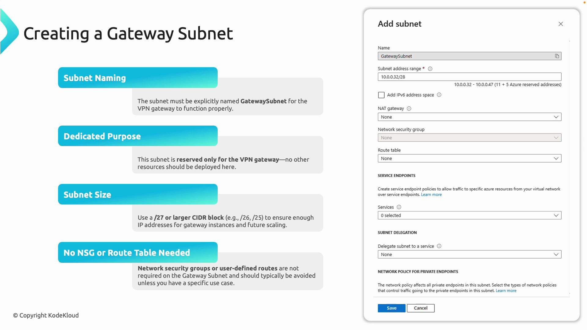 The image provides instructions for creating a Gateway Subnet for a VPN gateway, highlighting subnet naming, purpose, size, and configuration requirements. It includes a form for adding a subnet with fields for name, address range, and related settings.