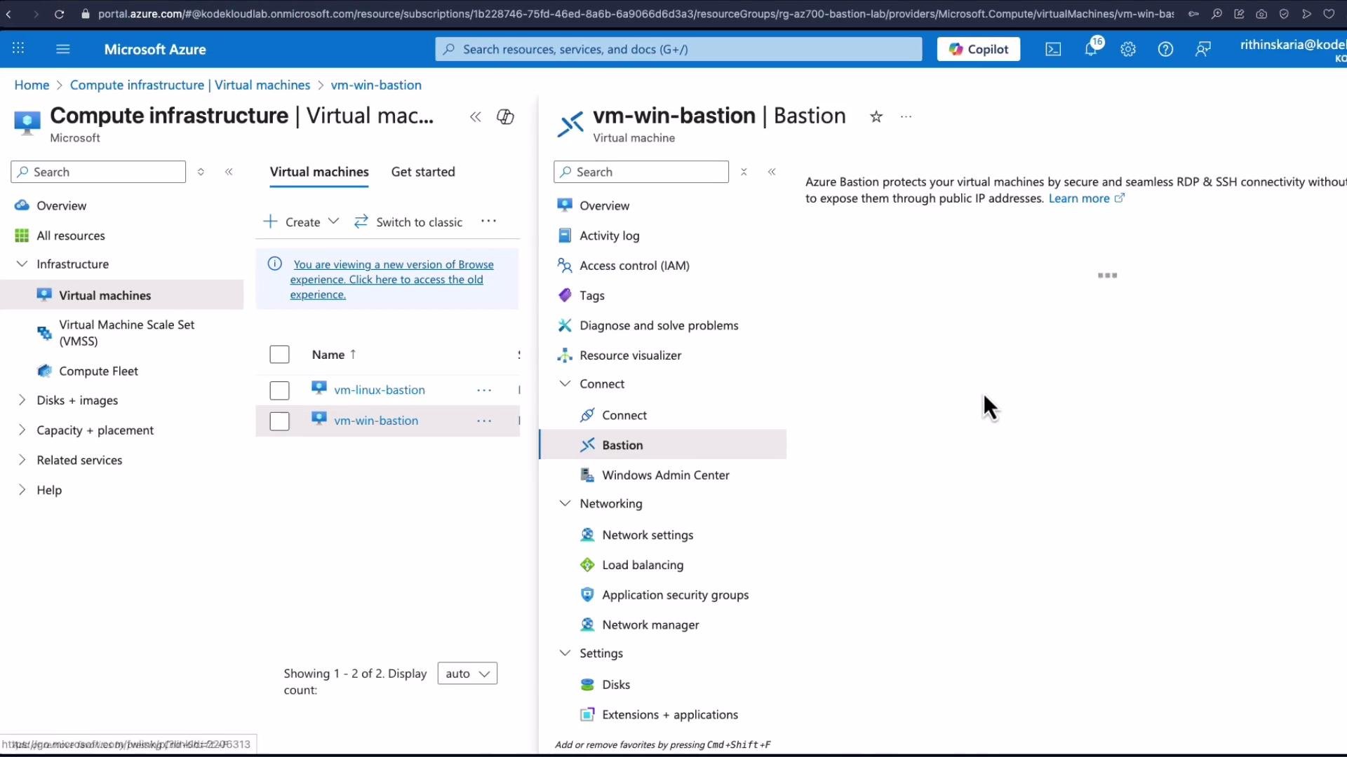 The image displays the Microsoft Azure portal interface, showing virtual machine management with options for creating and managing virtual machines, and a focus on Bastion services for secure connectivity.