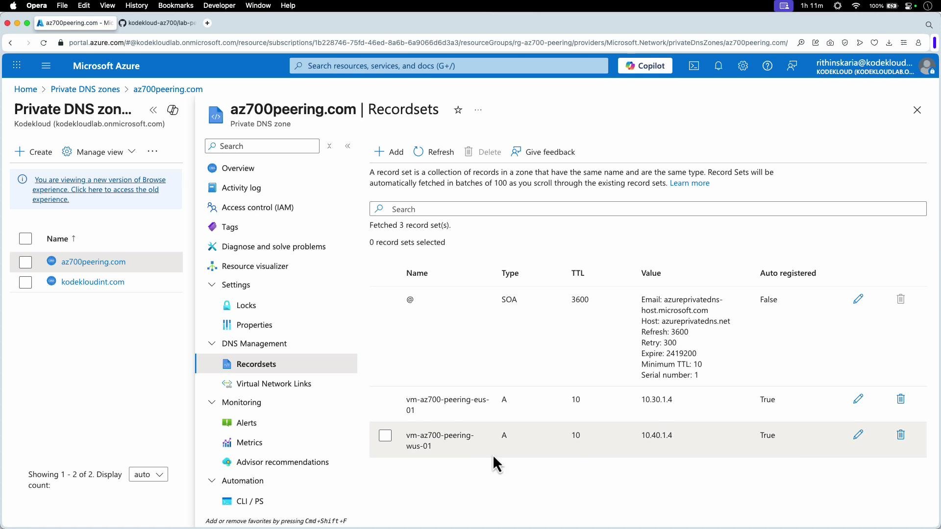 The image shows an Azure portal interface displaying DNS zone settings for "az700peering.com," including record sets with details like type, TTL, and values.