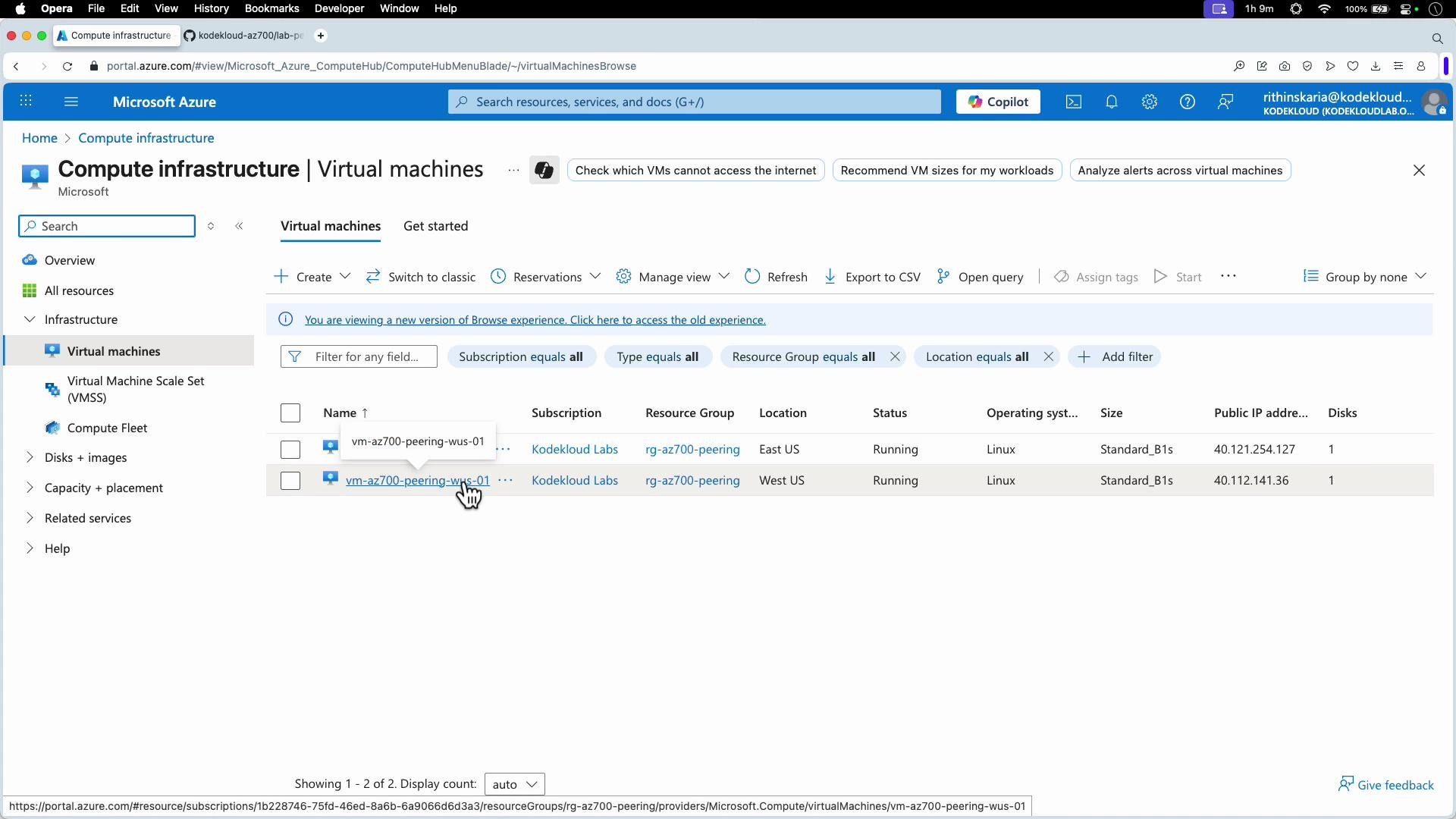 The image shows the Azure portal interface displaying a list of virtual machines within the "Compute infrastructure" section. There are two running Linux virtual machines listed, each with distinct locations and public IP addresses.