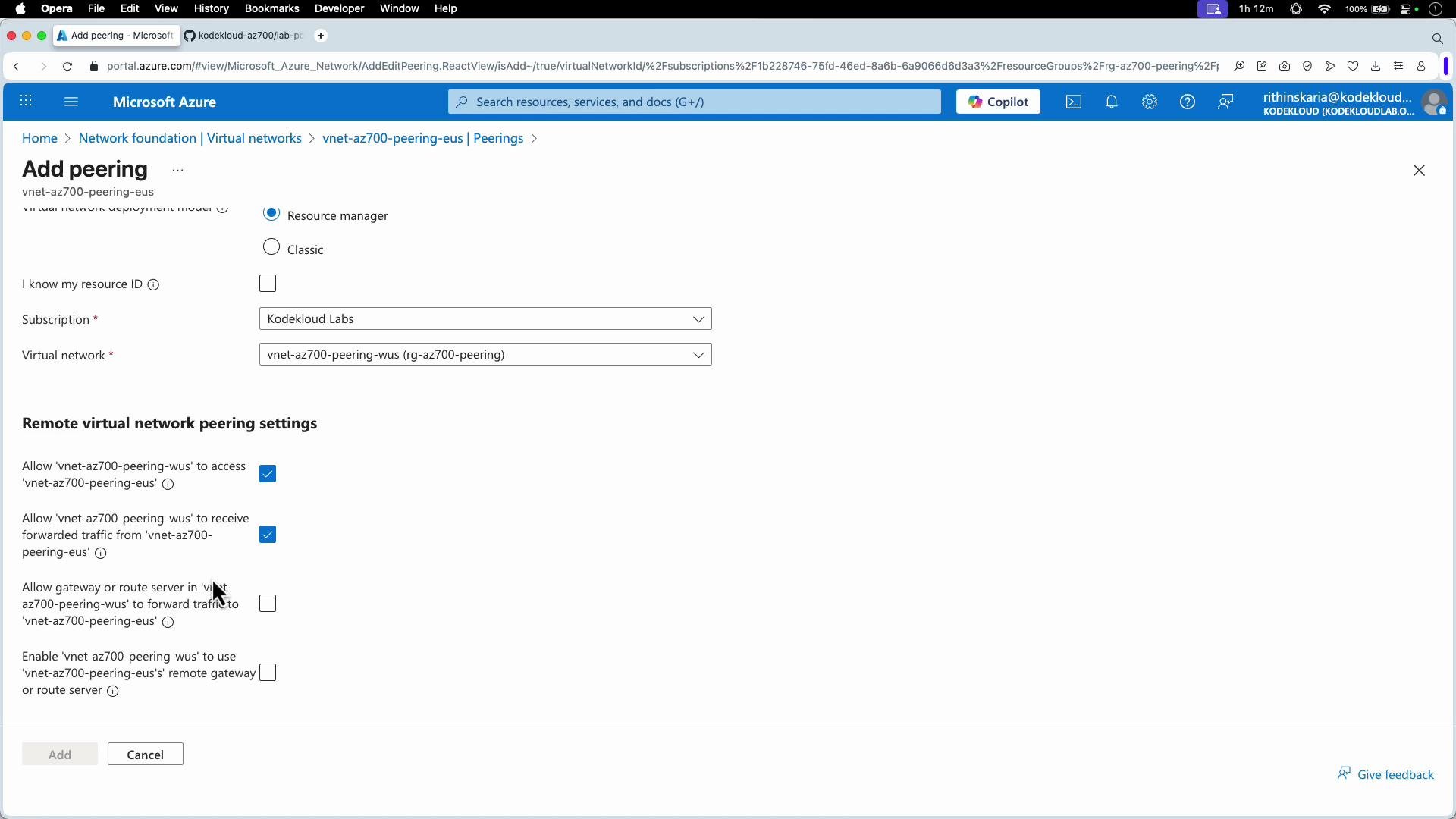 The image shows a Microsoft Azure portal interface for adding virtual network peering. It includes options for selecting resource manager settings and configuring remote virtual network peering settings.