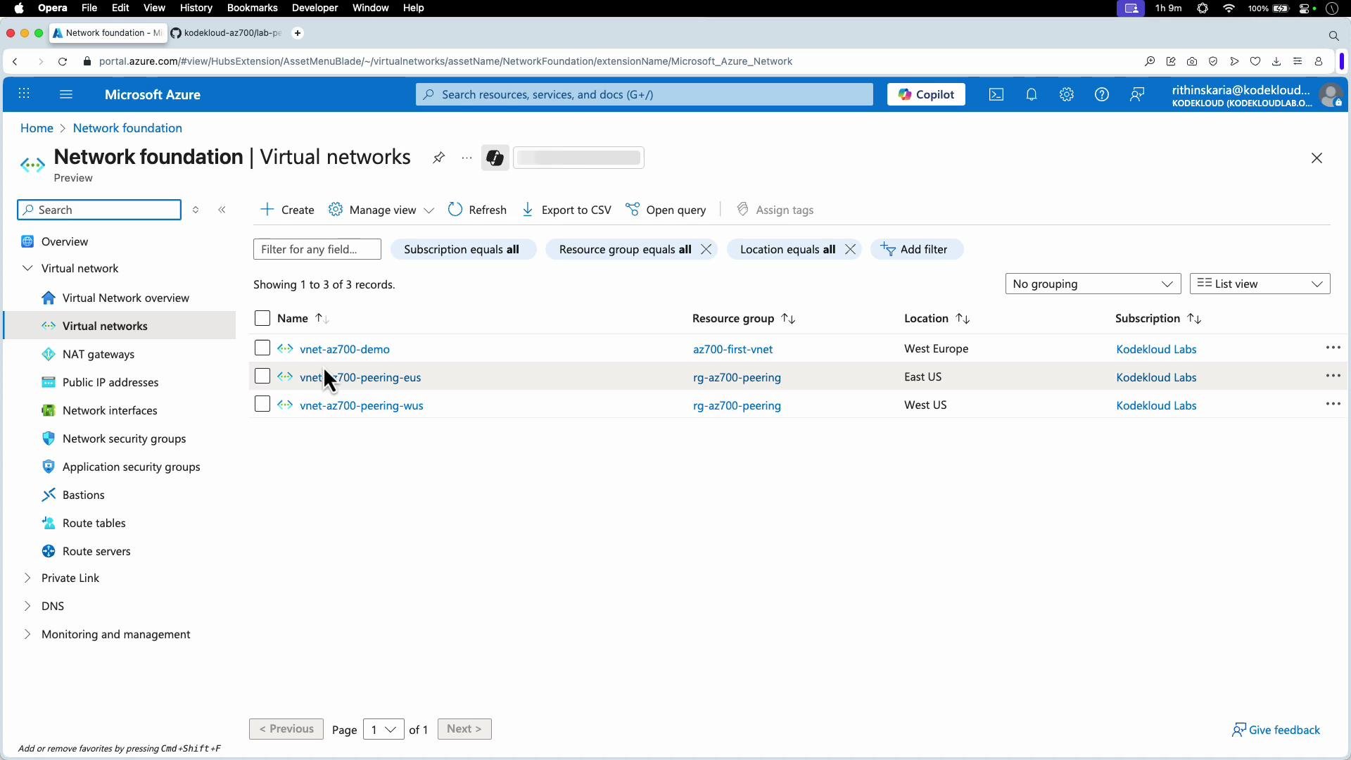 The image shows the Microsoft Azure portal displaying a list of virtual networks with details like name, resource group, location, and subscription. It includes options to create, manage, refresh, and filter virtual networks.