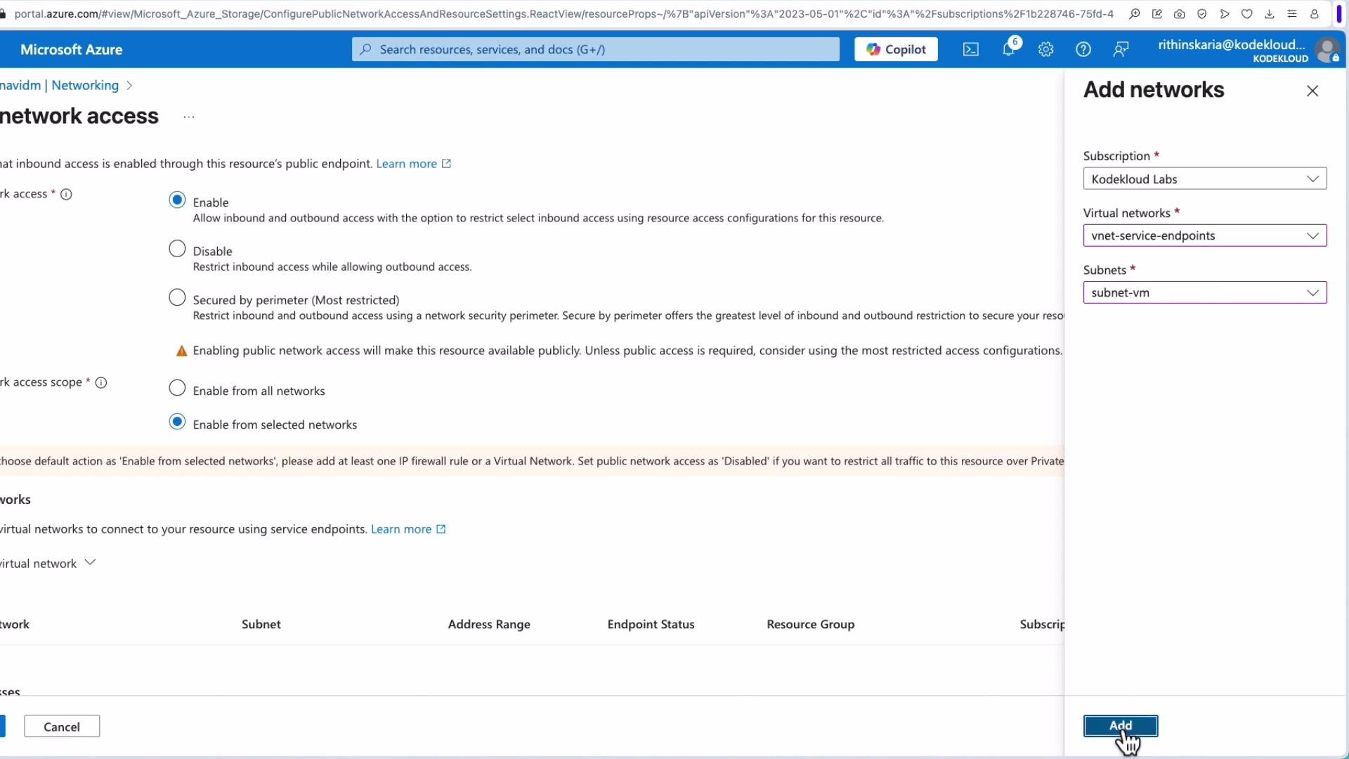 The image is a screenshot of a Microsoft Azure portal page showing network access settings, including options for enabling or disabling public network access. There is also a side panel open for adding networks with fields for subscription, virtual networks, and subnets.