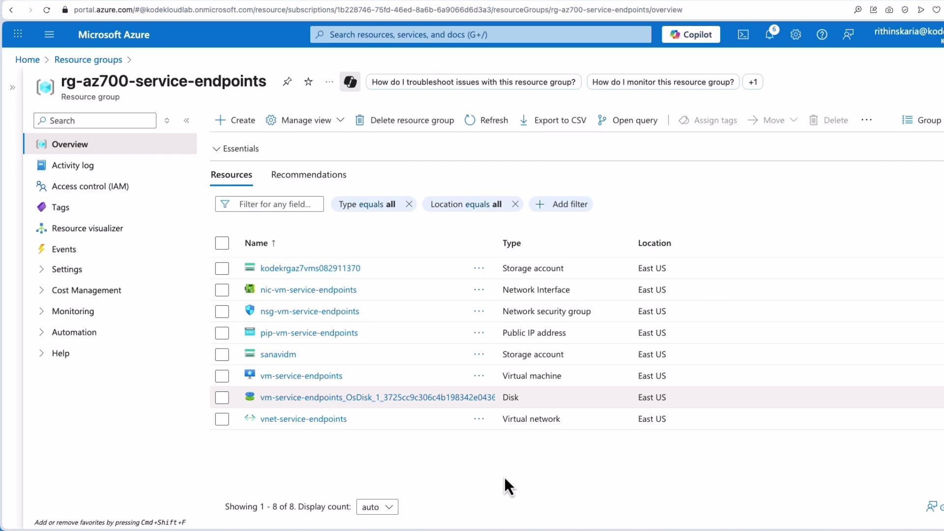 This image shows a Microsoft Azure portal page for a resource group named "rg-az700-service-endpoints," listing various resources such as storage accounts, network interfaces, and virtual machines, all located in East US.