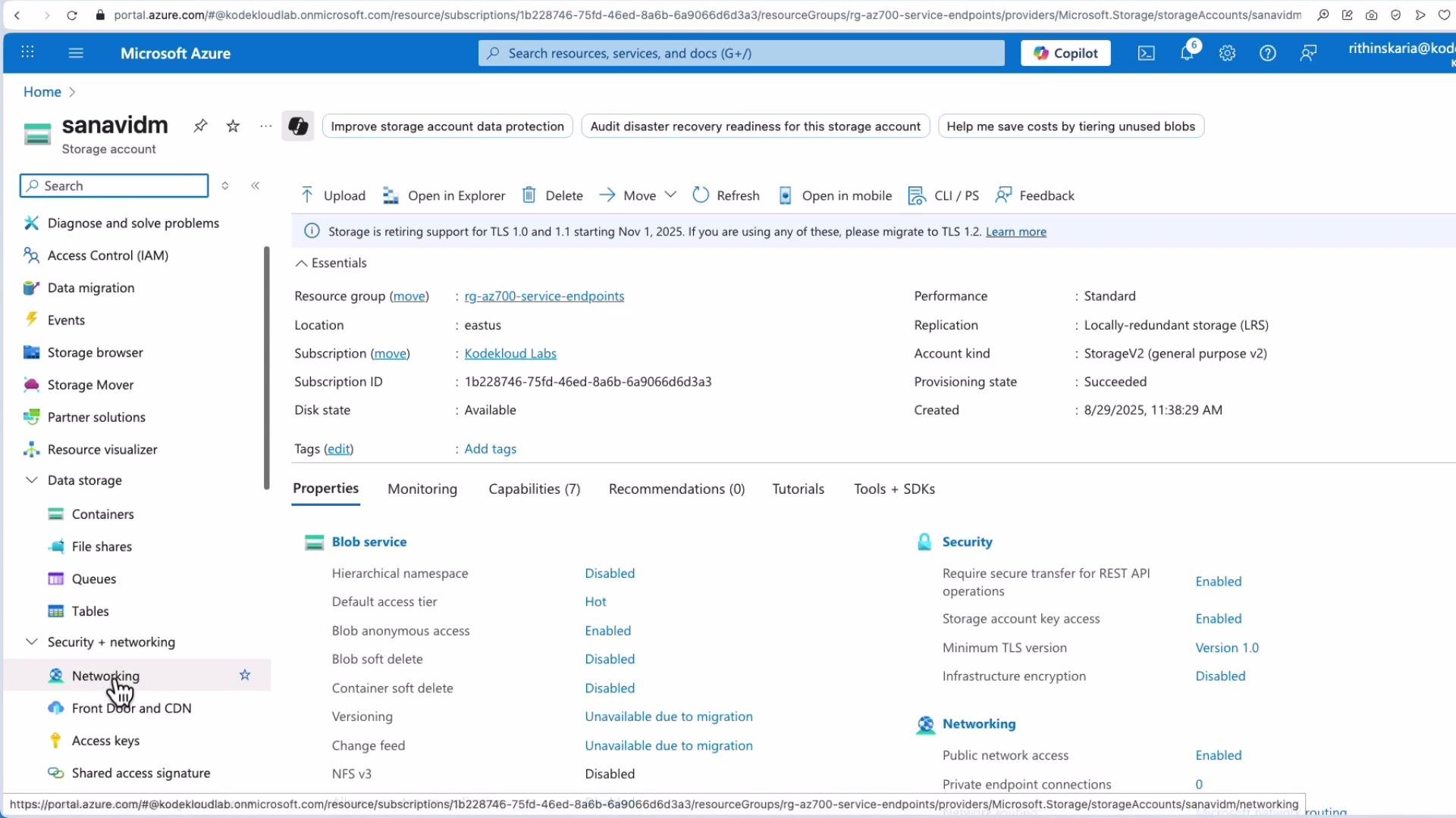 The image shows the Microsoft Azure portal interface displaying the details of a storage account named "sanavidm." It includes information about resource group, location, subscription, performance, replication, and several properties related to security and networking.