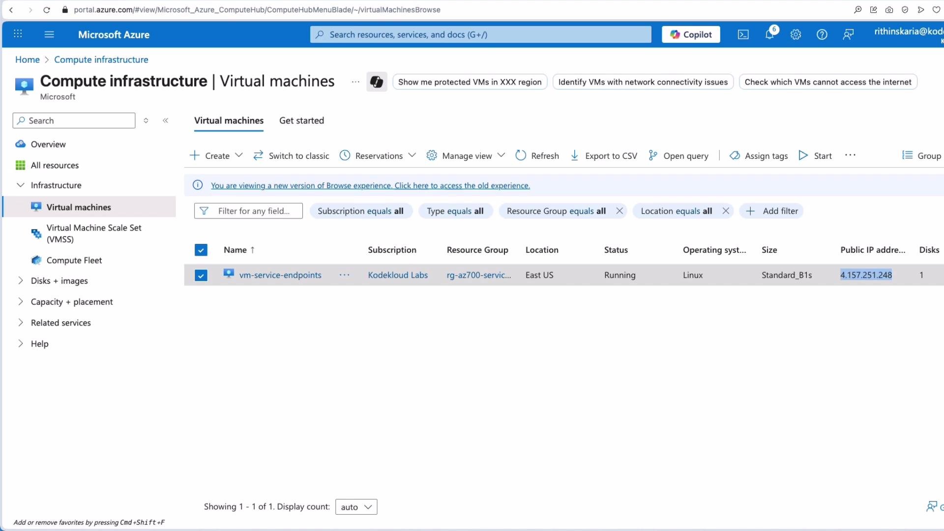 The image shows the Microsoft Azure portal interface displaying a list of virtual machines, with one VM named "vm-service-endpoints" that is running Linux in the East US region.