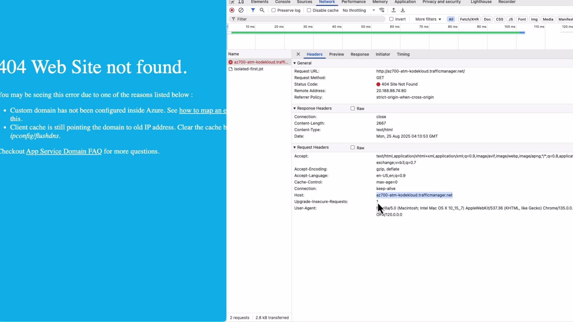 The image shows a "404 Web Site not found" error message on a blue background, with technical details in the browser's developer tools highlighting a failed GET request.