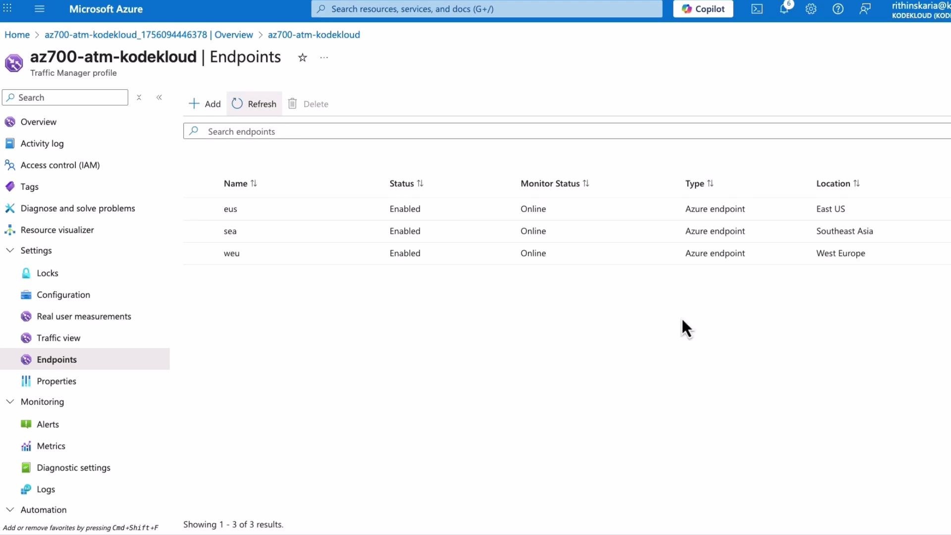 The image shows a Microsoft Azure portal interface displaying three endpoints under a Traffic Manager profile, with their status and locations listed.
