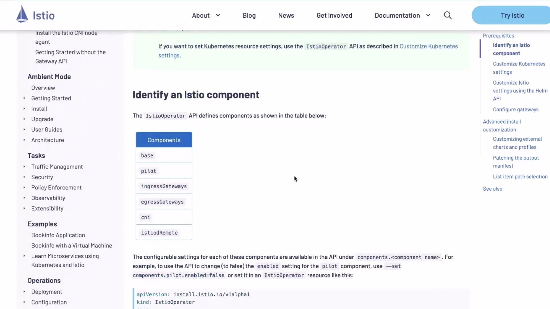 The image is a screenshot from the Istio documentation, describing how to identify an Istio component using the IstioOperator API. It includes a table of component names and instructions for configuring settings.